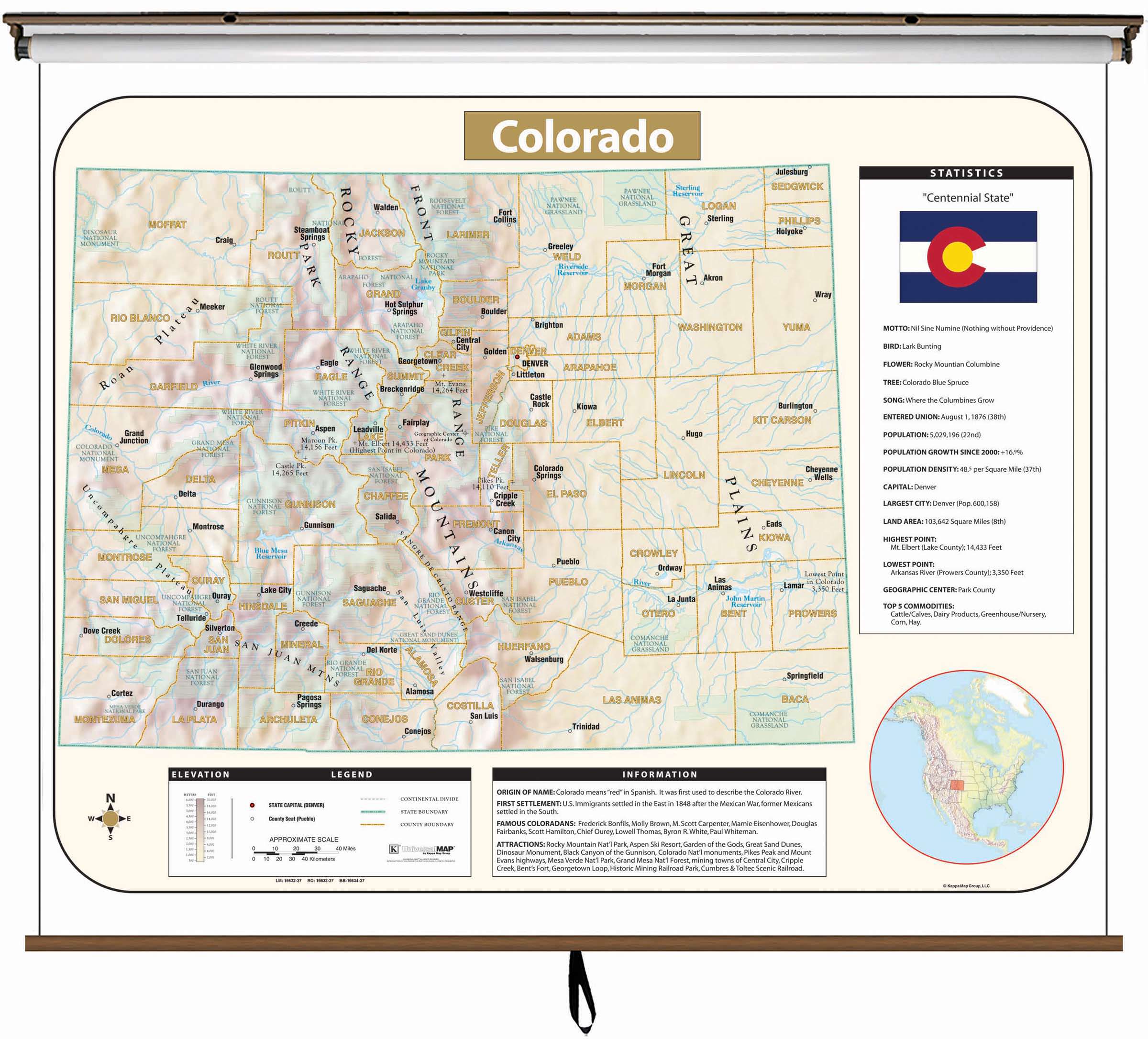 Colorado Large Scale Shaded Relief Wall Map On Roller With Backboard