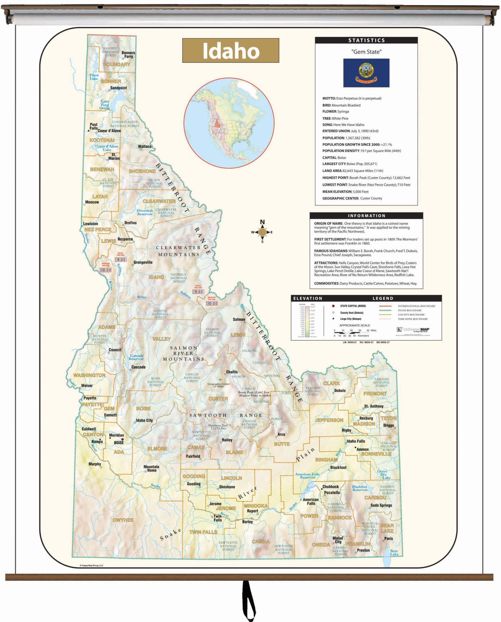 Idaho Large Scale Shaded Relief Wall Map on Roller with Backboard - The