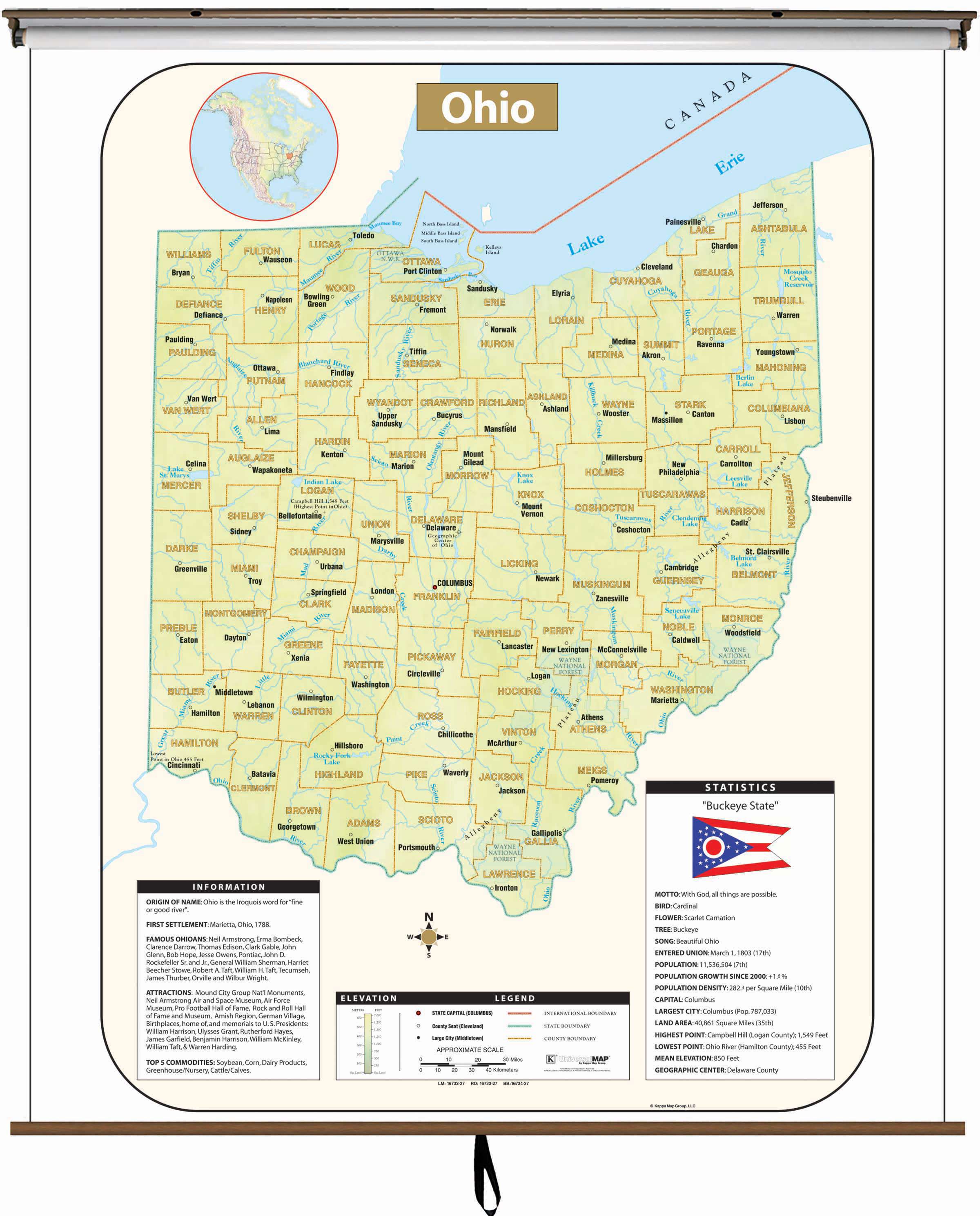 Ohio Large Scale Shaded Relief Wall Map on Roller with Backboard - The ...