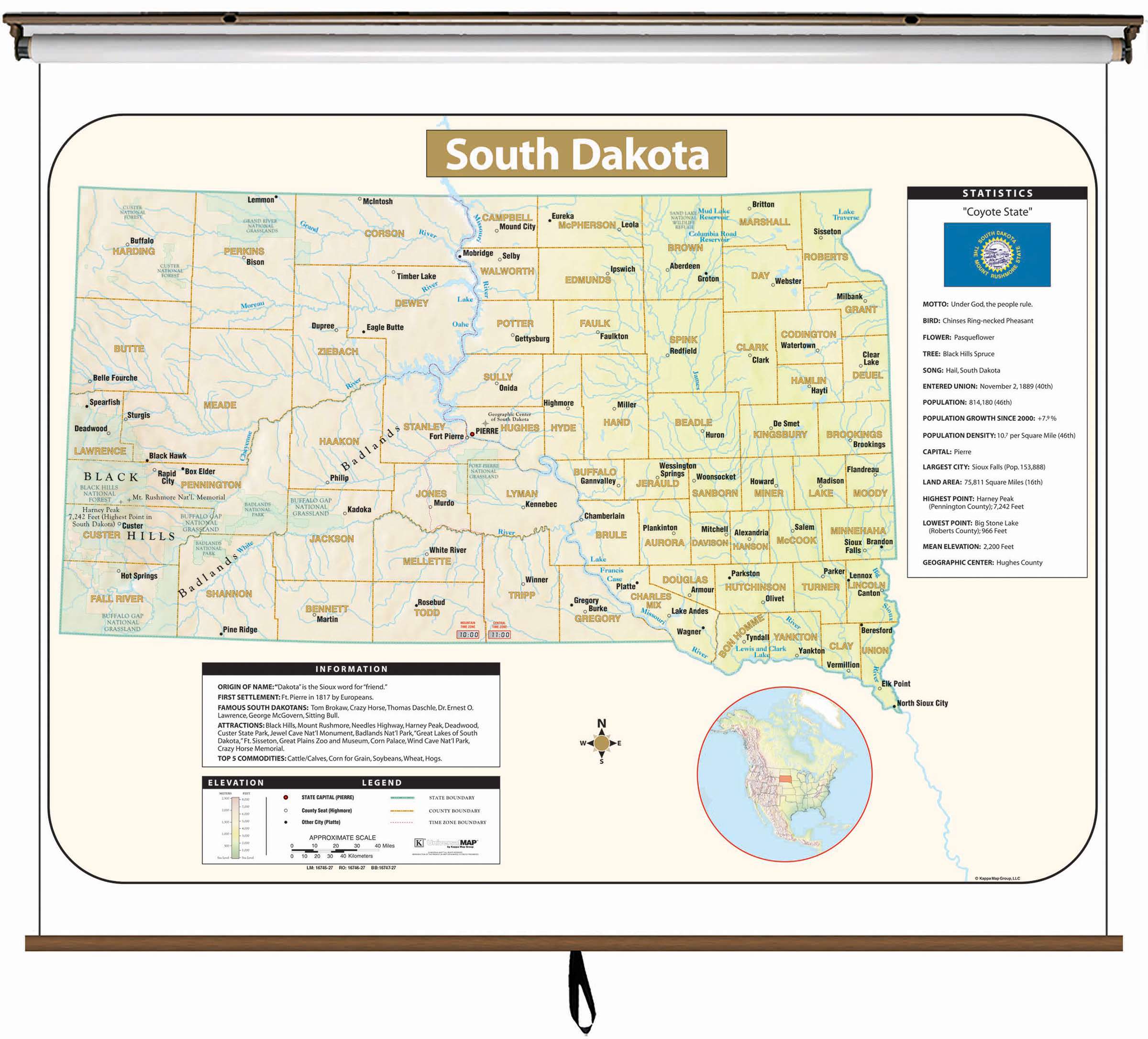 South Dakota Large Scale Shaded Relief Wall Map On Roller With   KAPPA1674727 