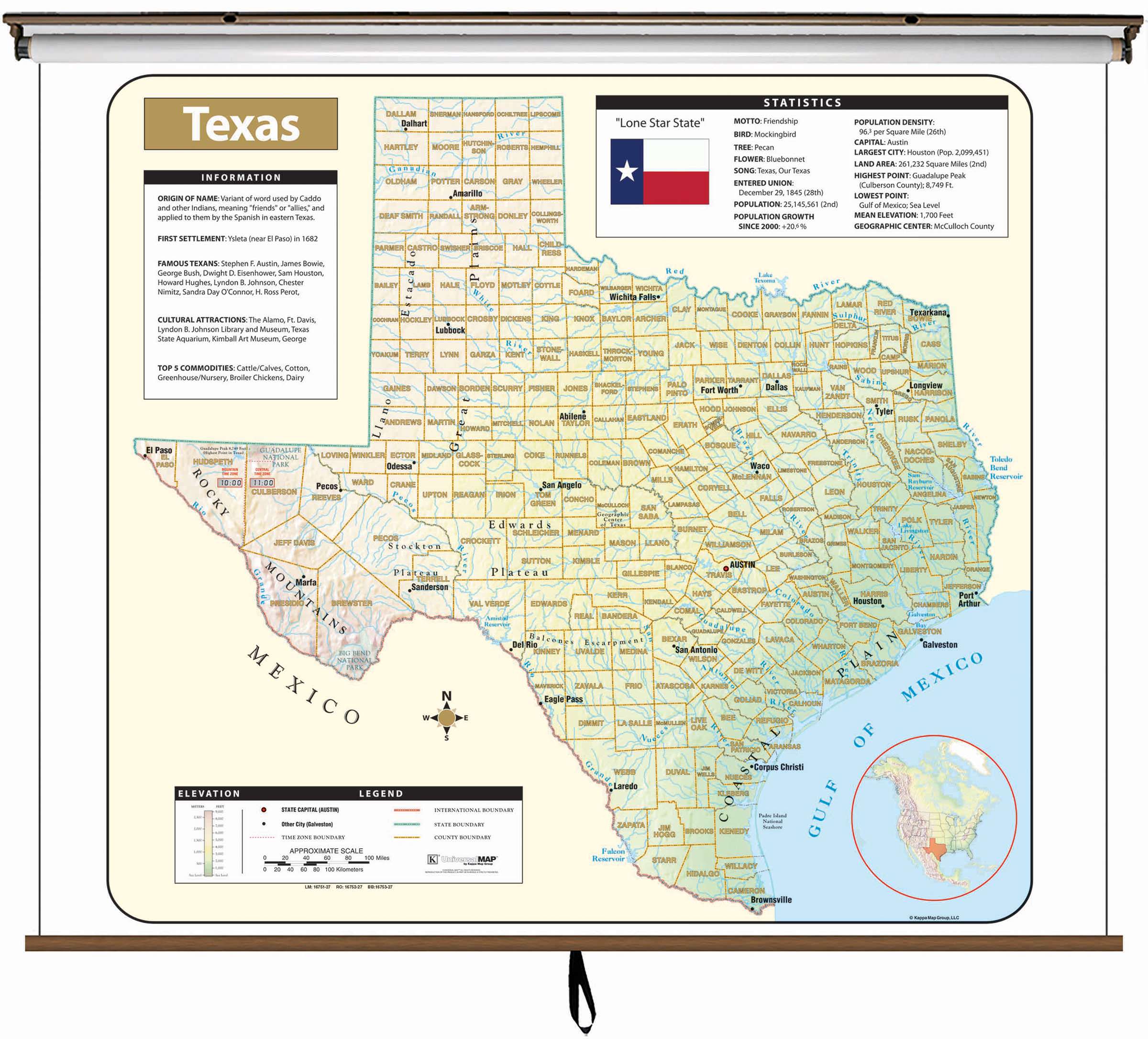 Texas Large Scale Shaded Relief Wall Map on Roller with Backboard - The