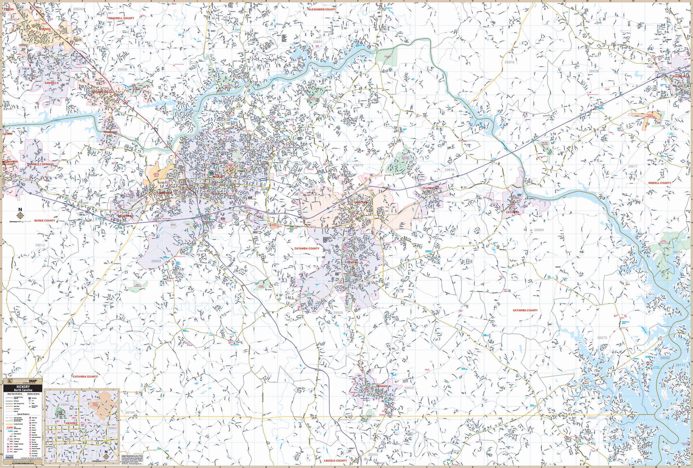 Hickory, NC Wall Map by Kappa - The Map Shop