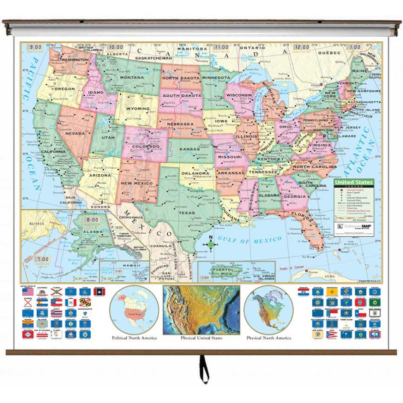 US Essential Classroom Wall Map on Roller w/ Backboard - The Map Shop