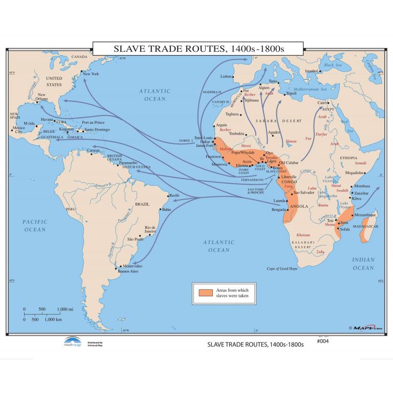 #004 Slave Trade Routes, 1400s-1800s on Roller w/ Backboard - The Map Shop