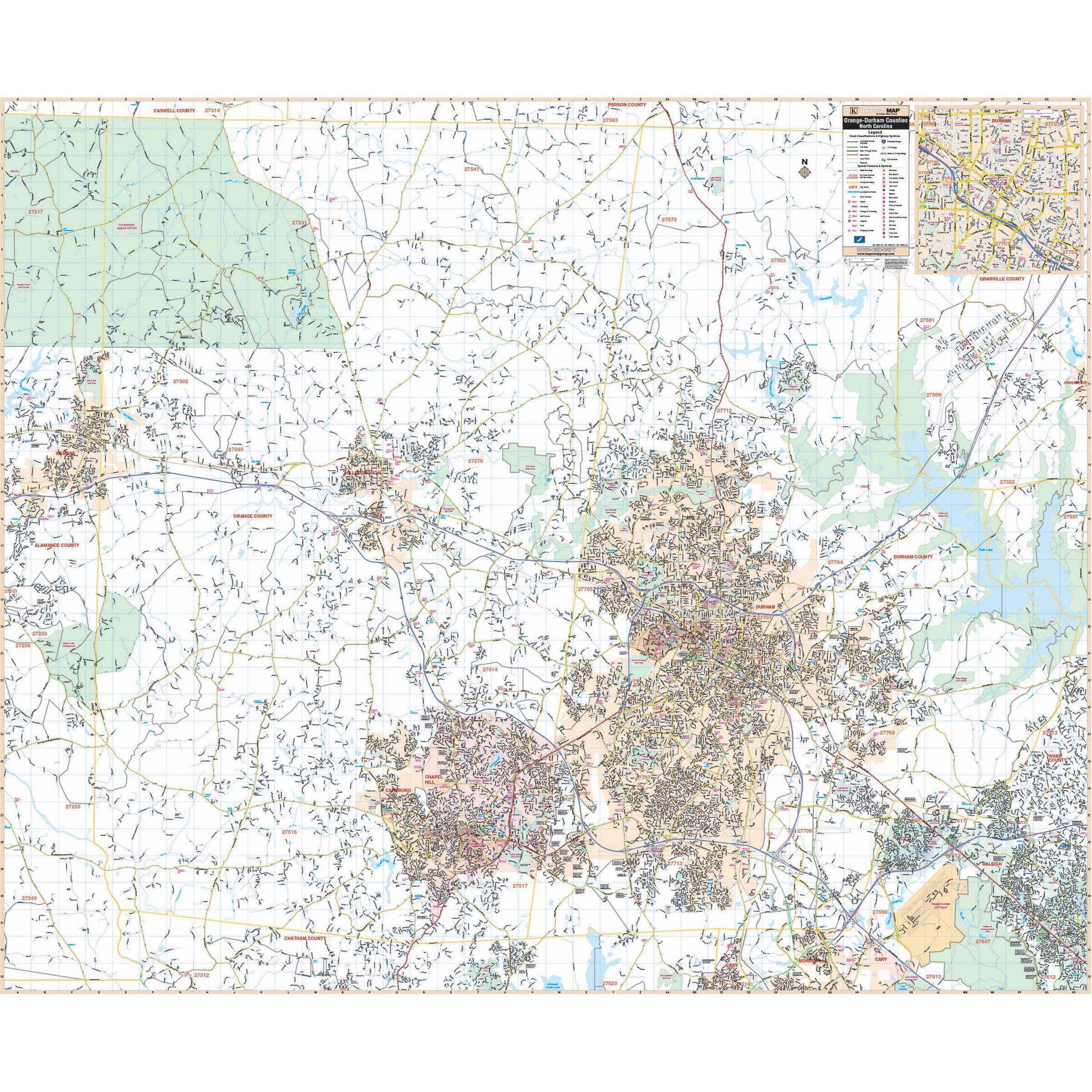 Orange & Durham Counties, NC Wall Map by Kappa - The Map Shop