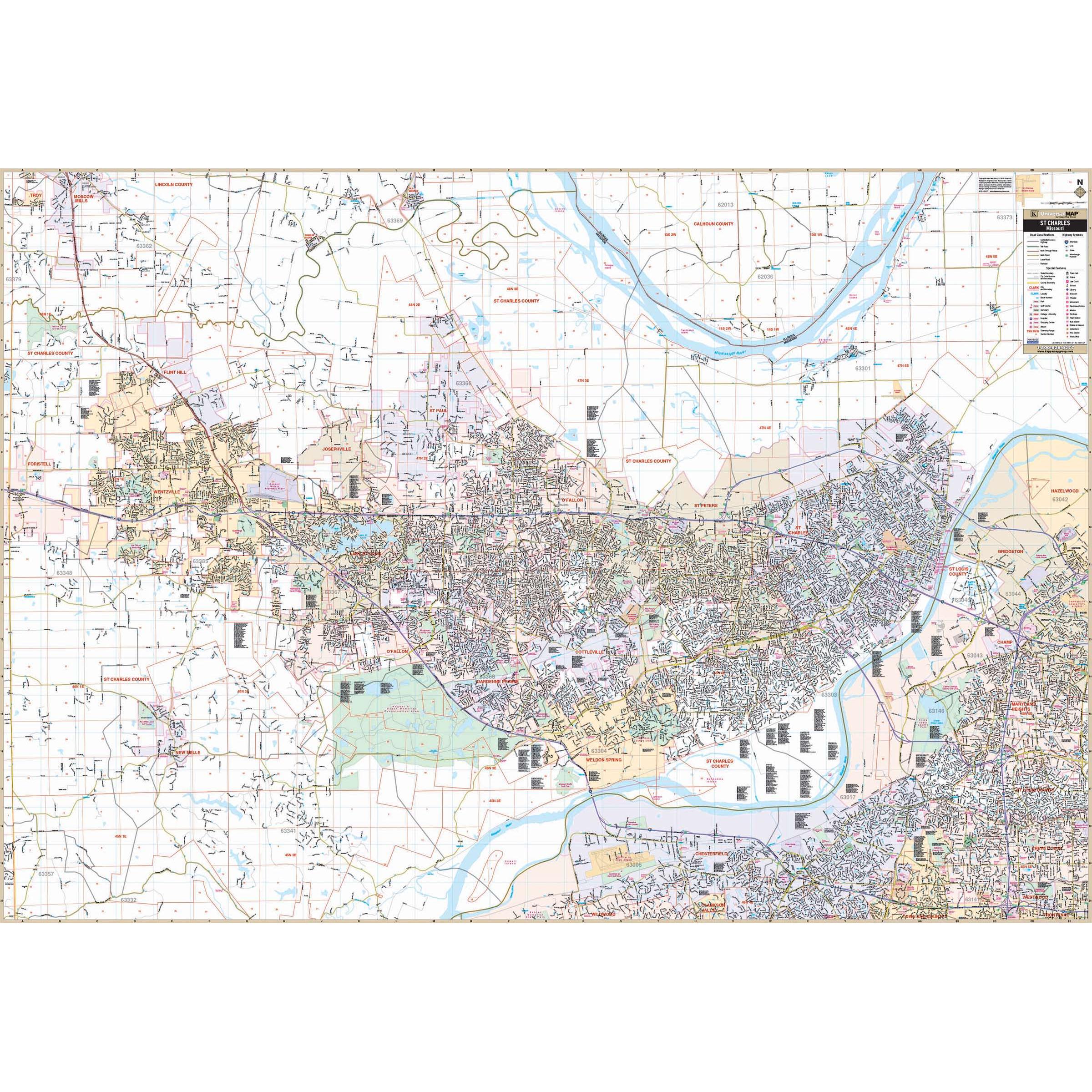 St Charles, MO Wall Map by Kappa - The Map Shop