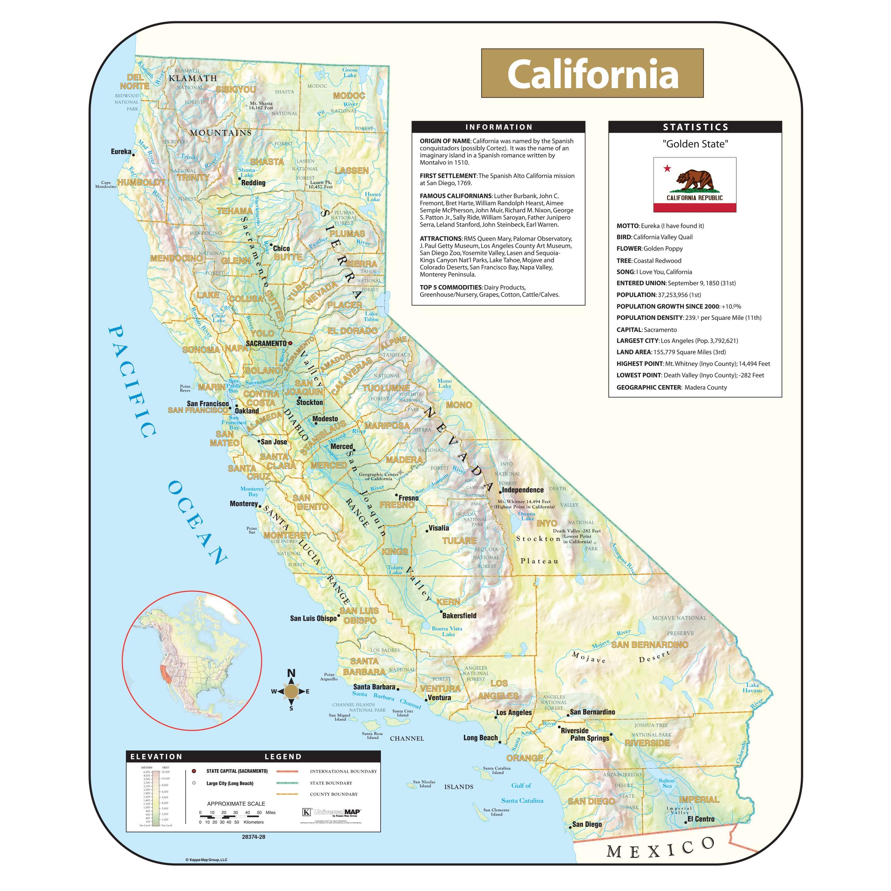 California Shaded Relief State Wall Map By Kappa The Map Shop