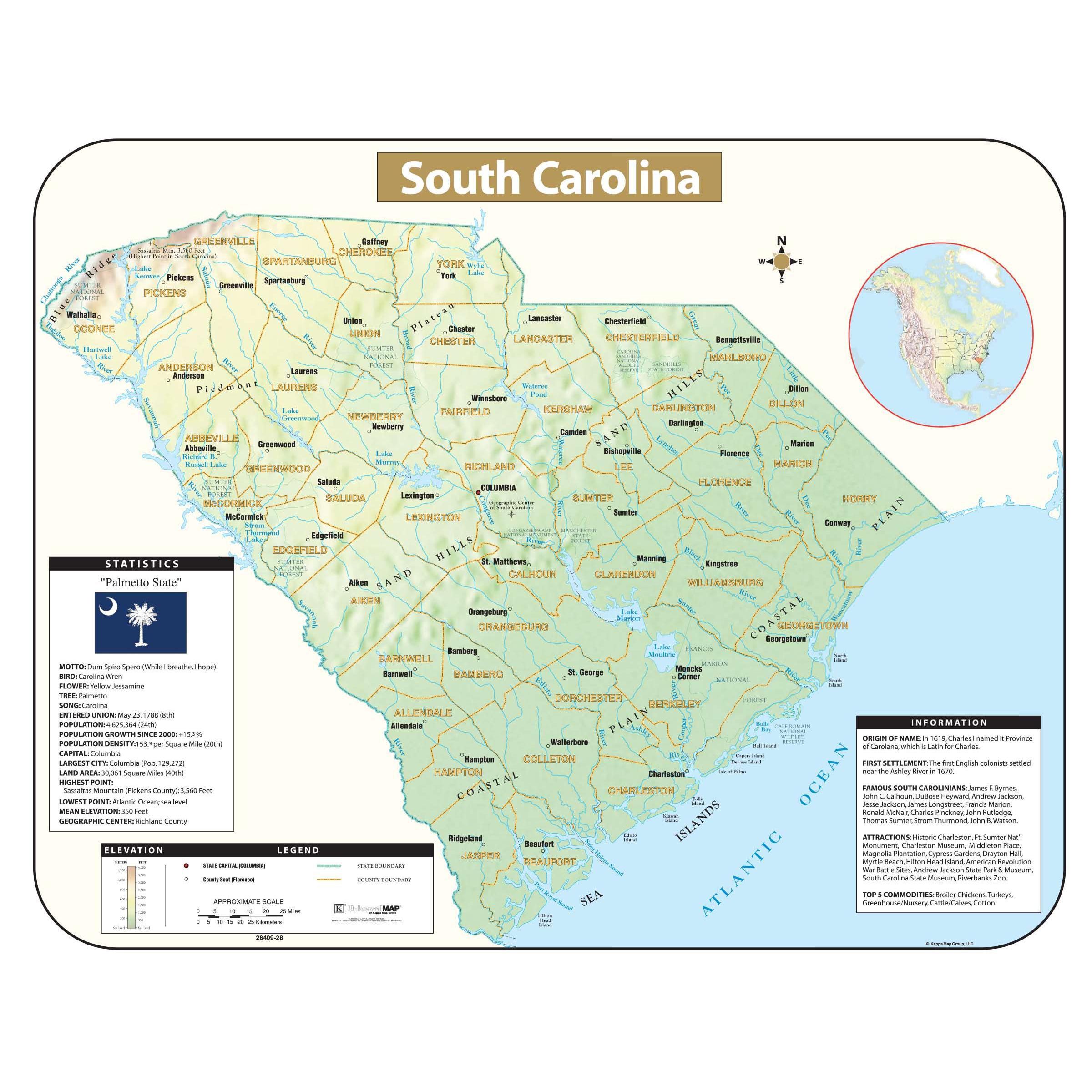 South Carolina Shaded Relief State Wall Map by Kappa - The Map Shop