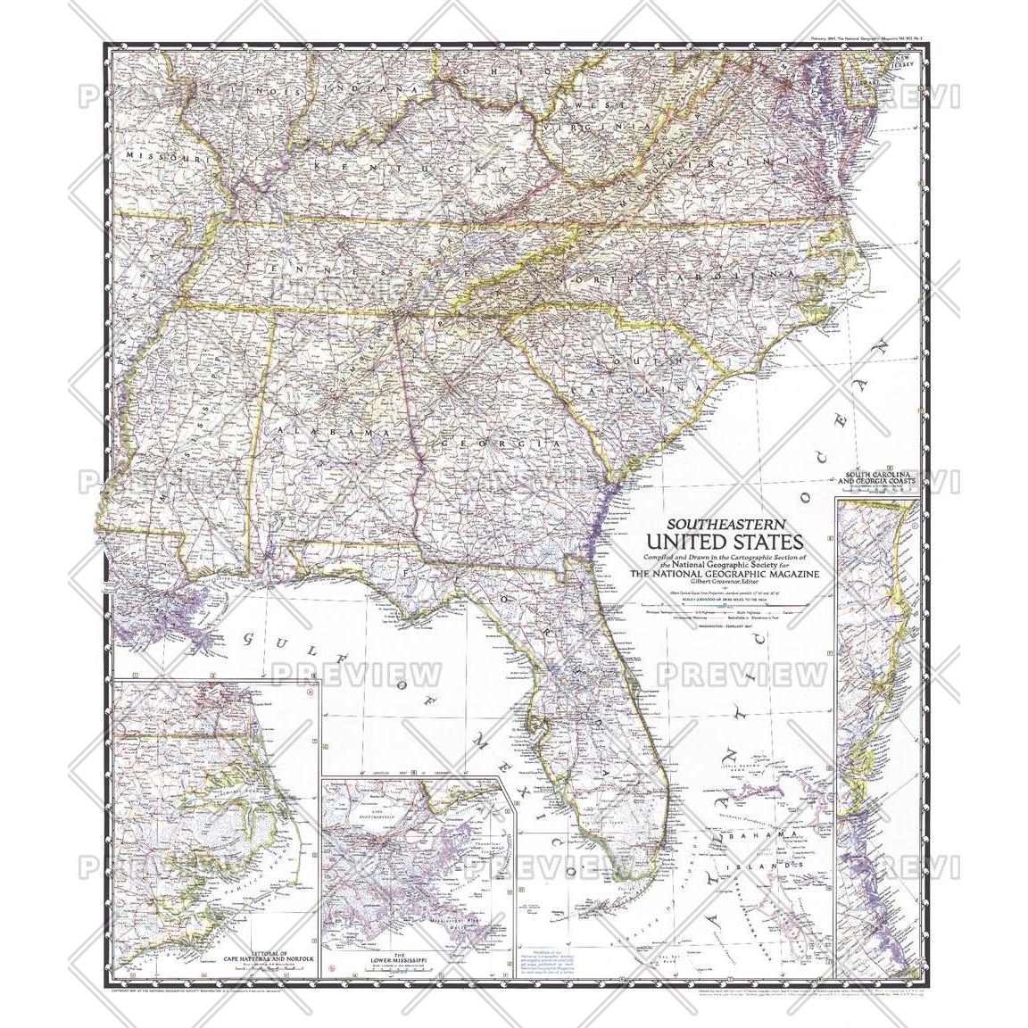 Southeastern United States - Published 1947 - The Map Shop