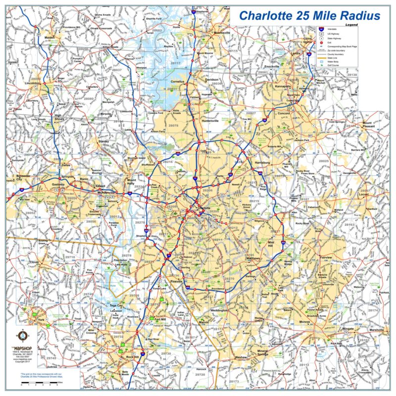 Charlotte 25-Mile Radius Wall Map by MapShop - The Map Shop