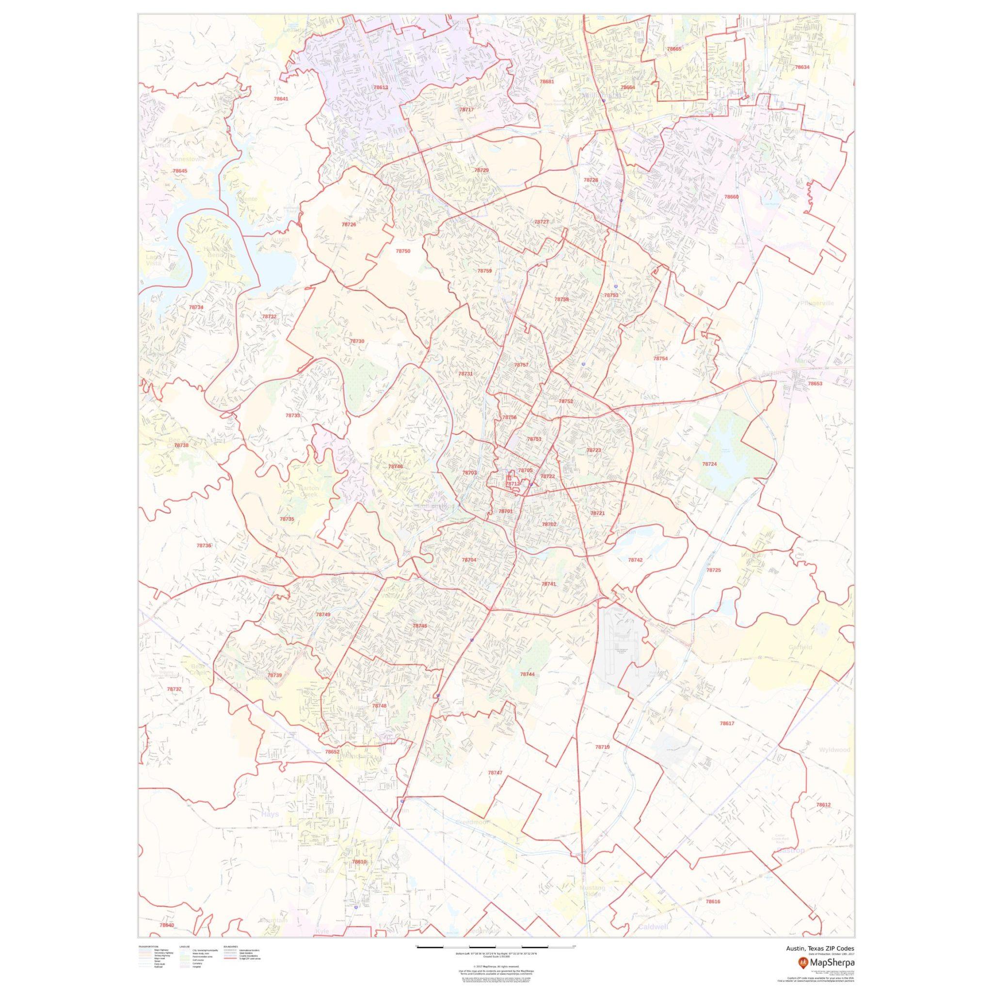 Austin Texas ZIP Codes By Map Sherpa The Map Shop