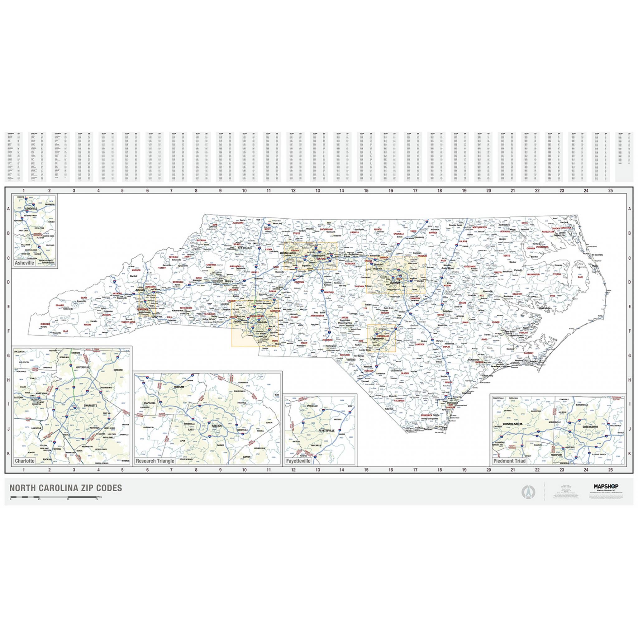 North Carolina Zip Code Wall Map By Mapshop The Map Shop 1194