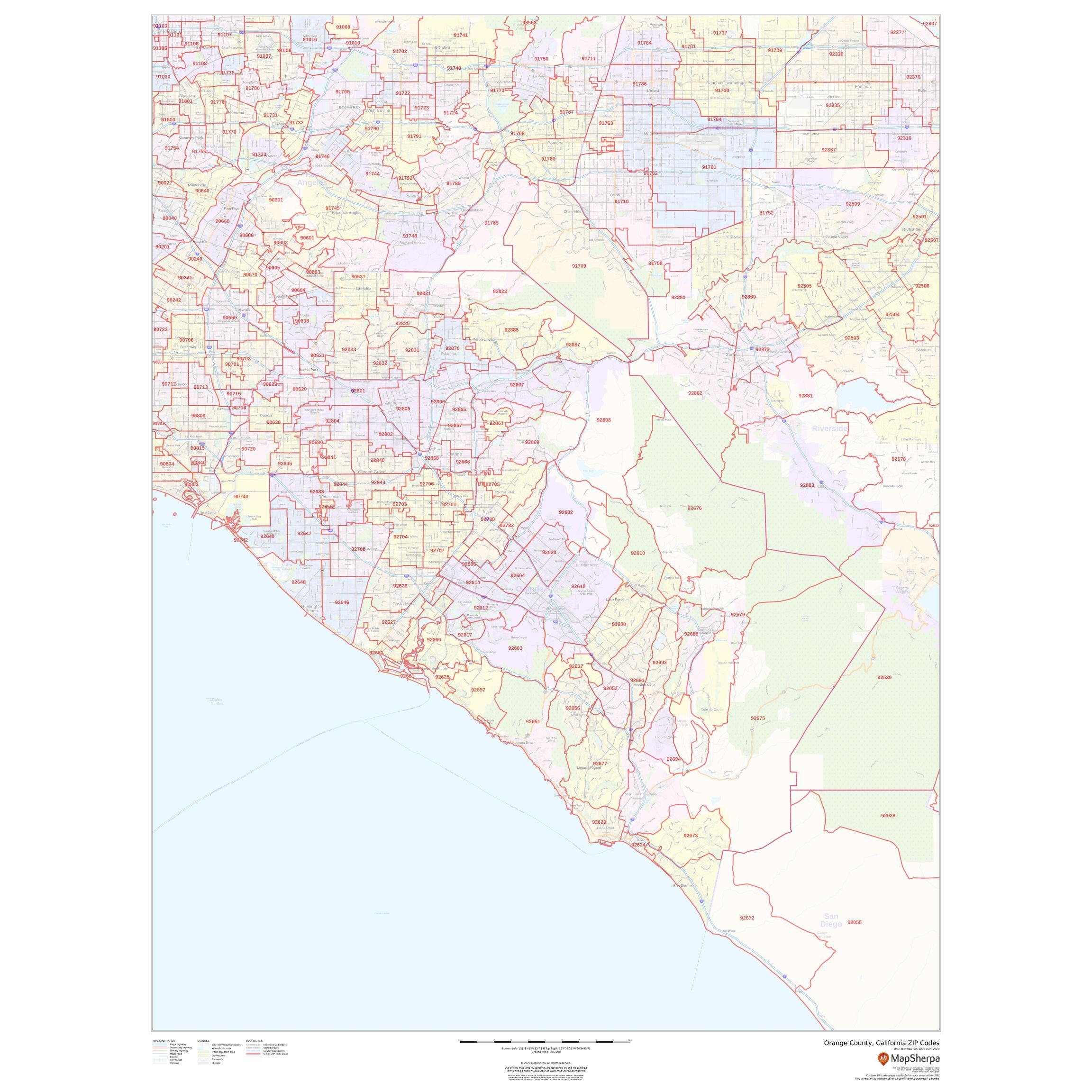 Orange County California Zip Codes By Map Sherpa The Map Shop