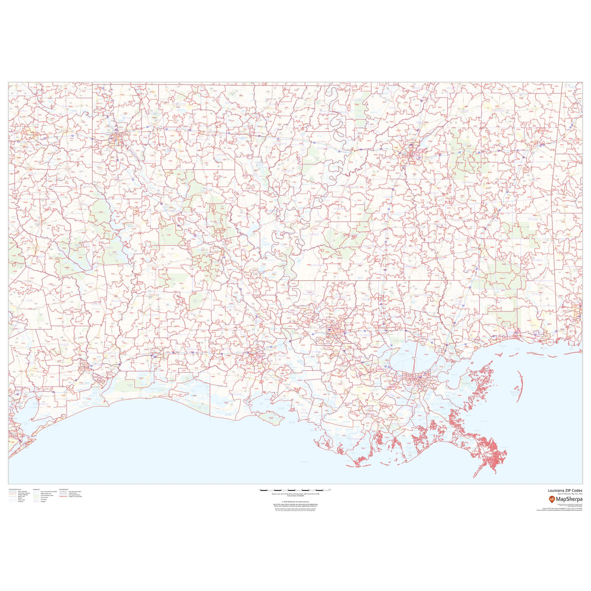 Louisiana ZIP Code Map with Counties by MapSherpa - The Map Shop