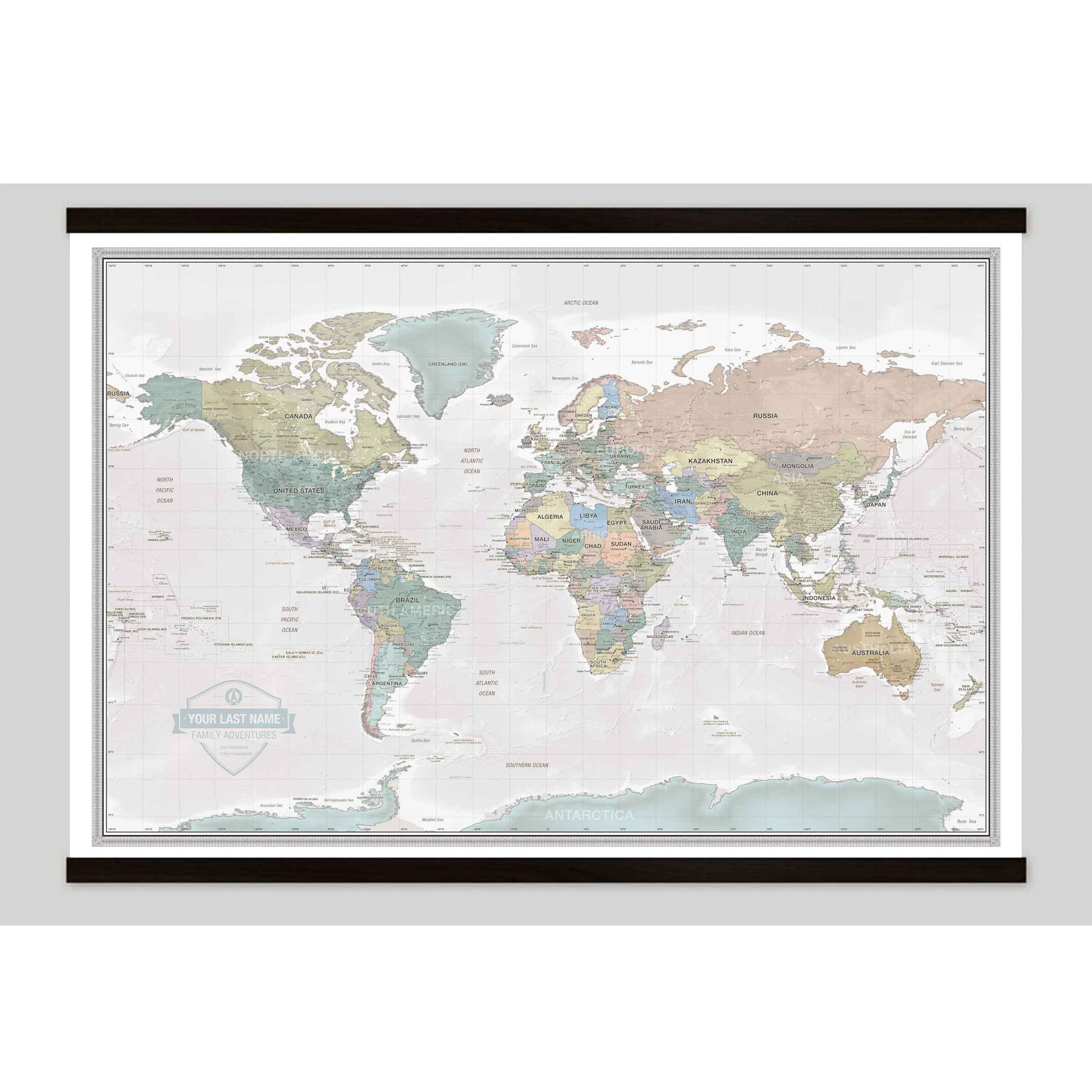 Pastel wall art push pin world map with personalized legend