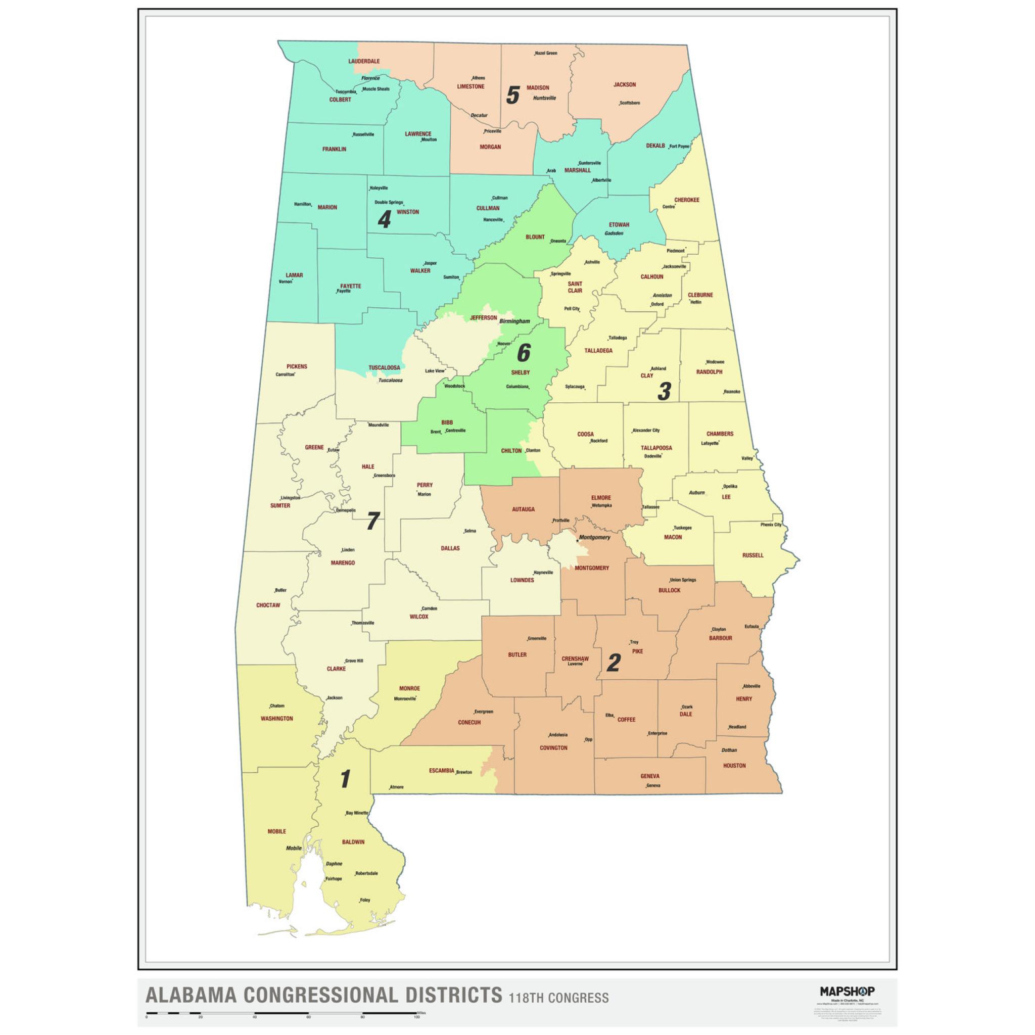 Alabama 2022 Congressional Districts Wall Map by The Map Shop