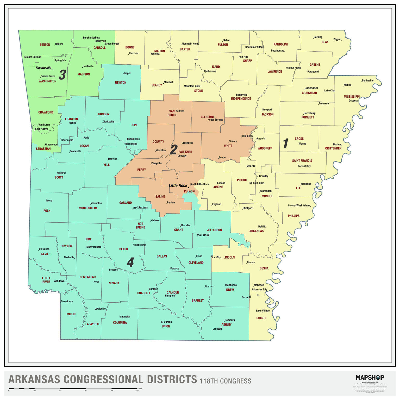 Arkansas 2022 Congressional Districts Wall Map by The Map Shop