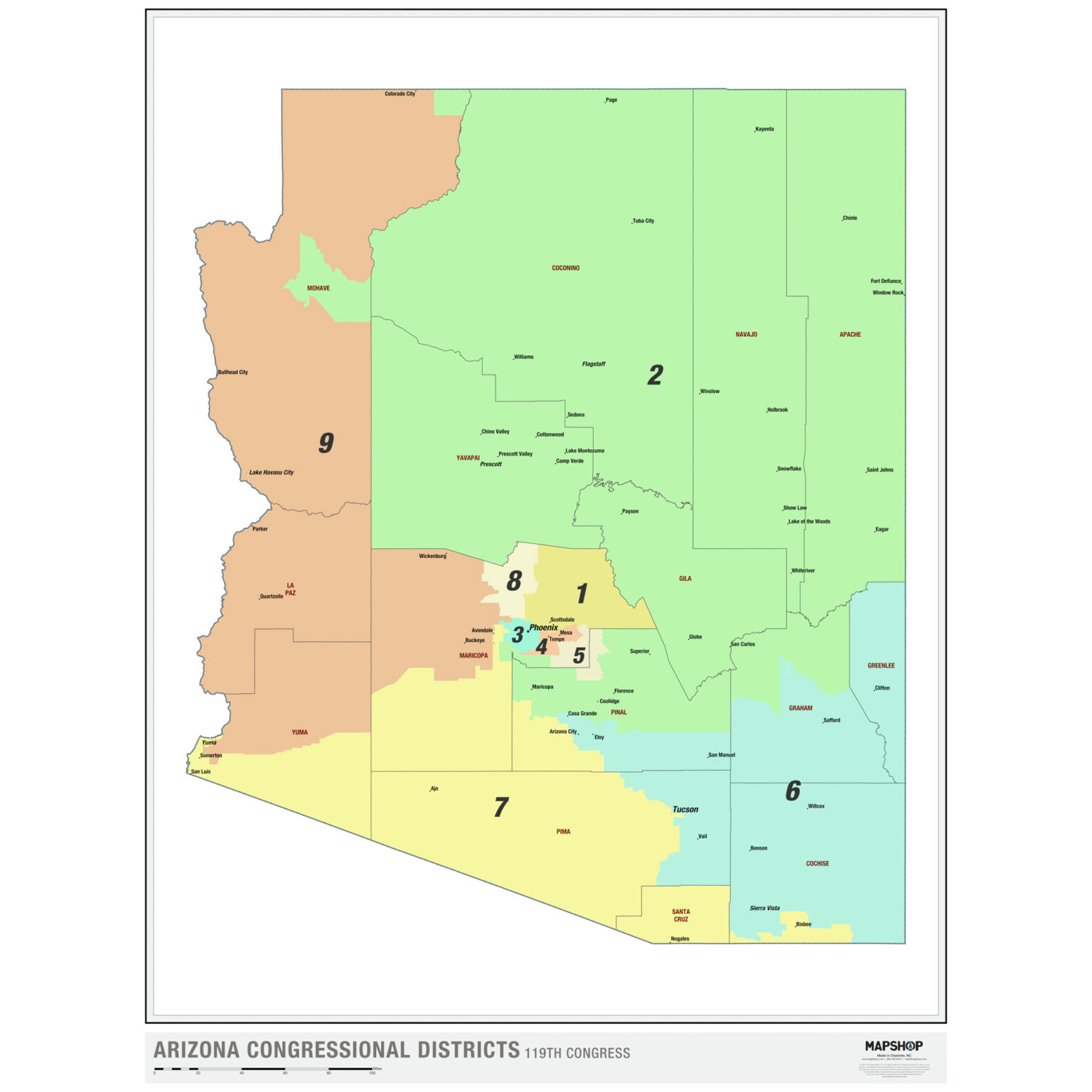 Arizona 2024 Congressional Districts Wall Map by The Map Shop