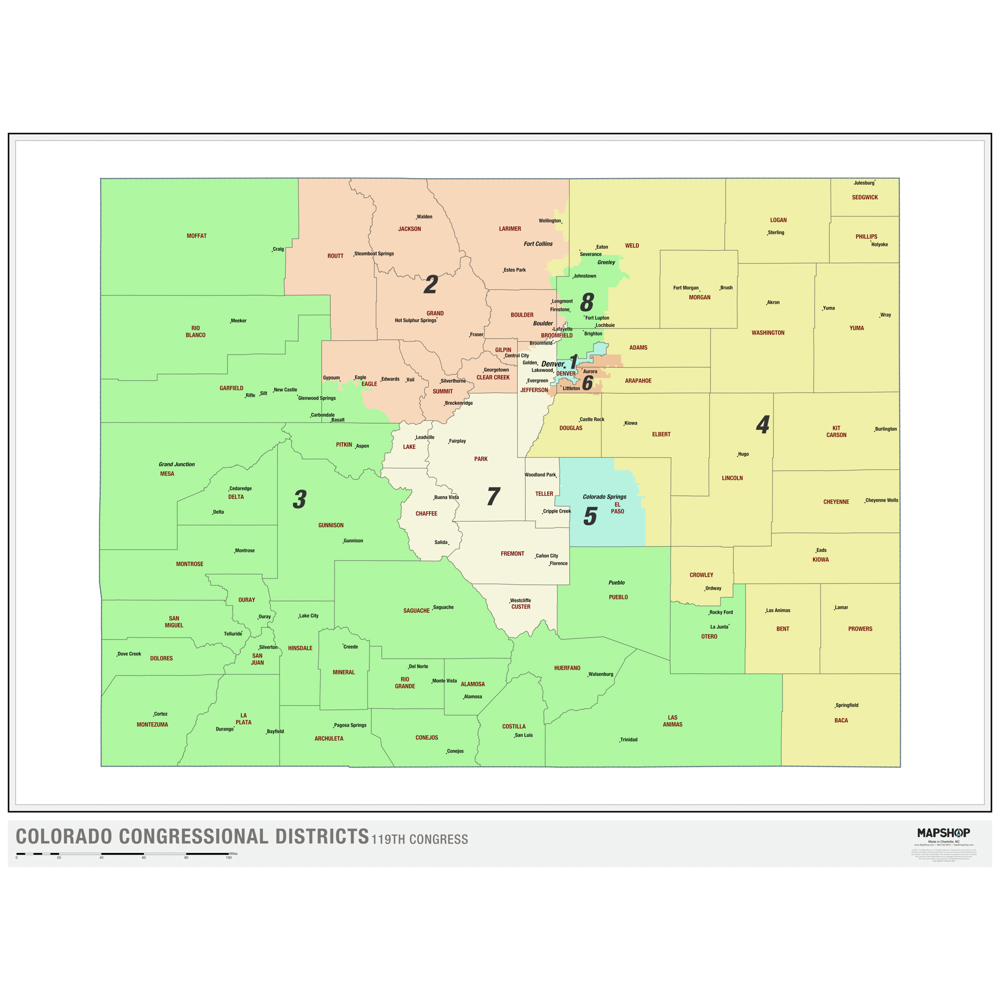 Colorado 2024 Congressional Districts Wall Map by The Map Shop