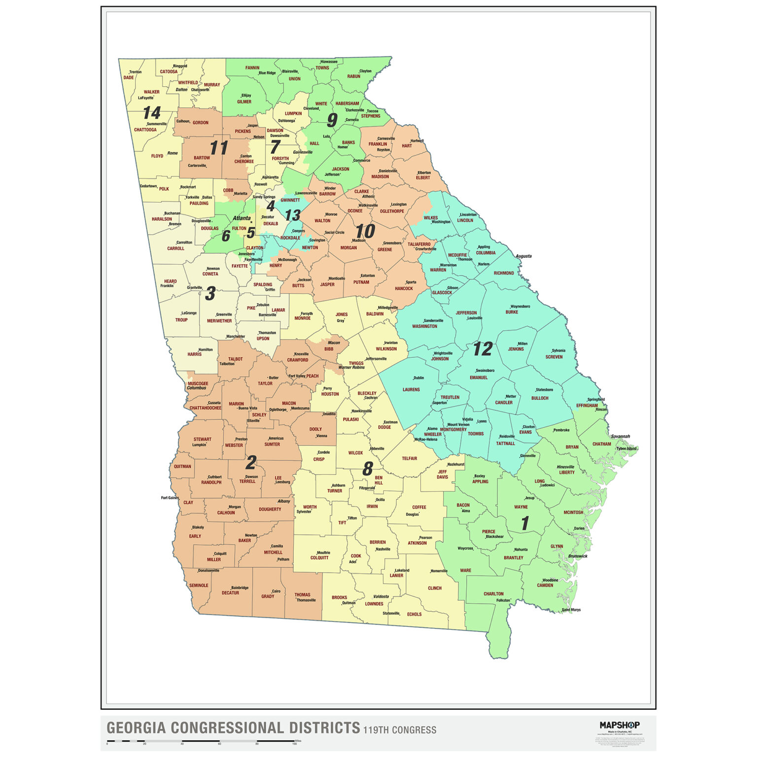 2024 Congressional Districts Wall Map by The Map Shop