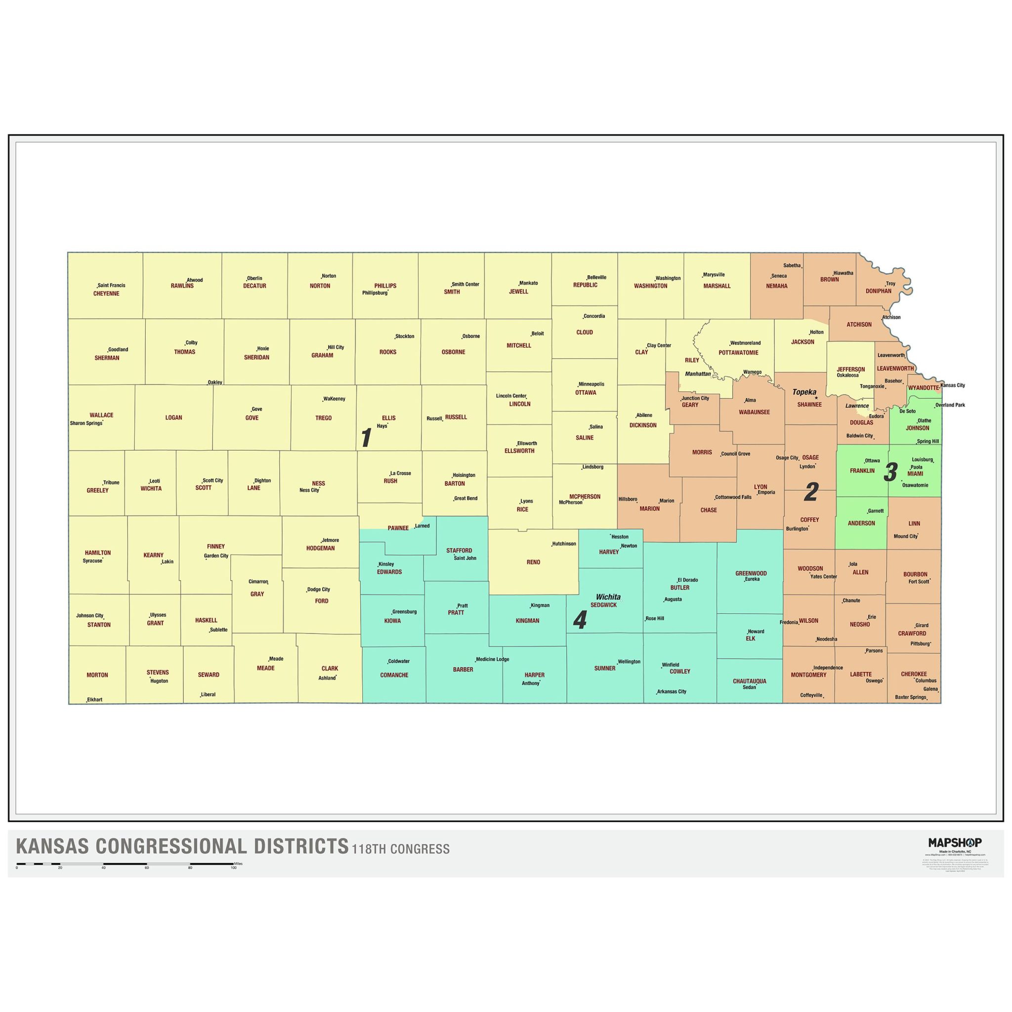 Kansas 2022 Congressional Districts Wall Map by The Map Shop