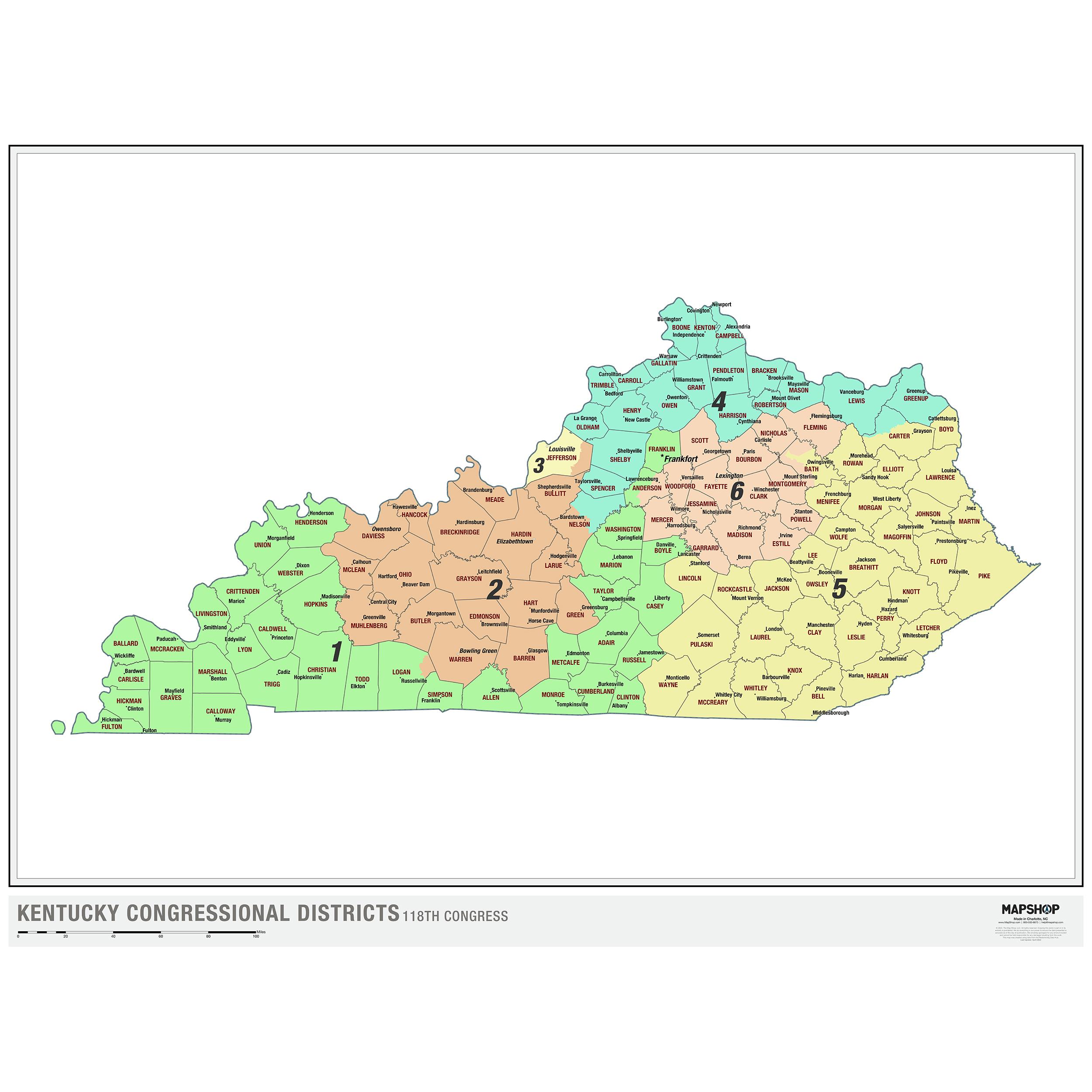 Kentucky 2024 Congressional Districts Wall Map by The Map Shop