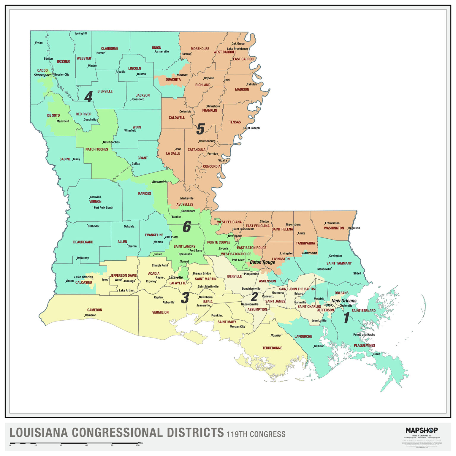 Louisiana 2024 Congressional Districts Wall Map By Mapshop The Map Shop