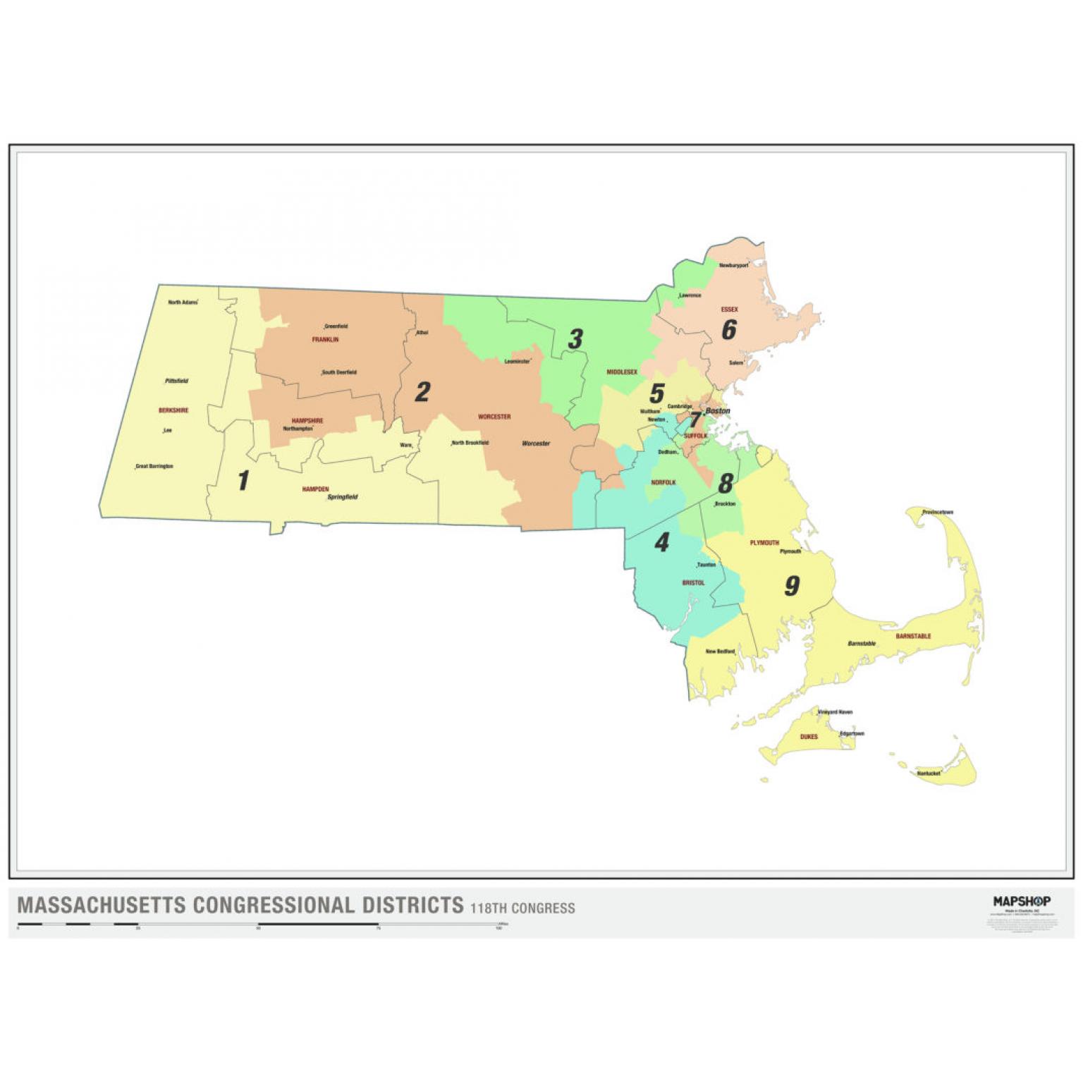 Massachusetts 2022 Congressional Districts Wall Map - The Map Shop