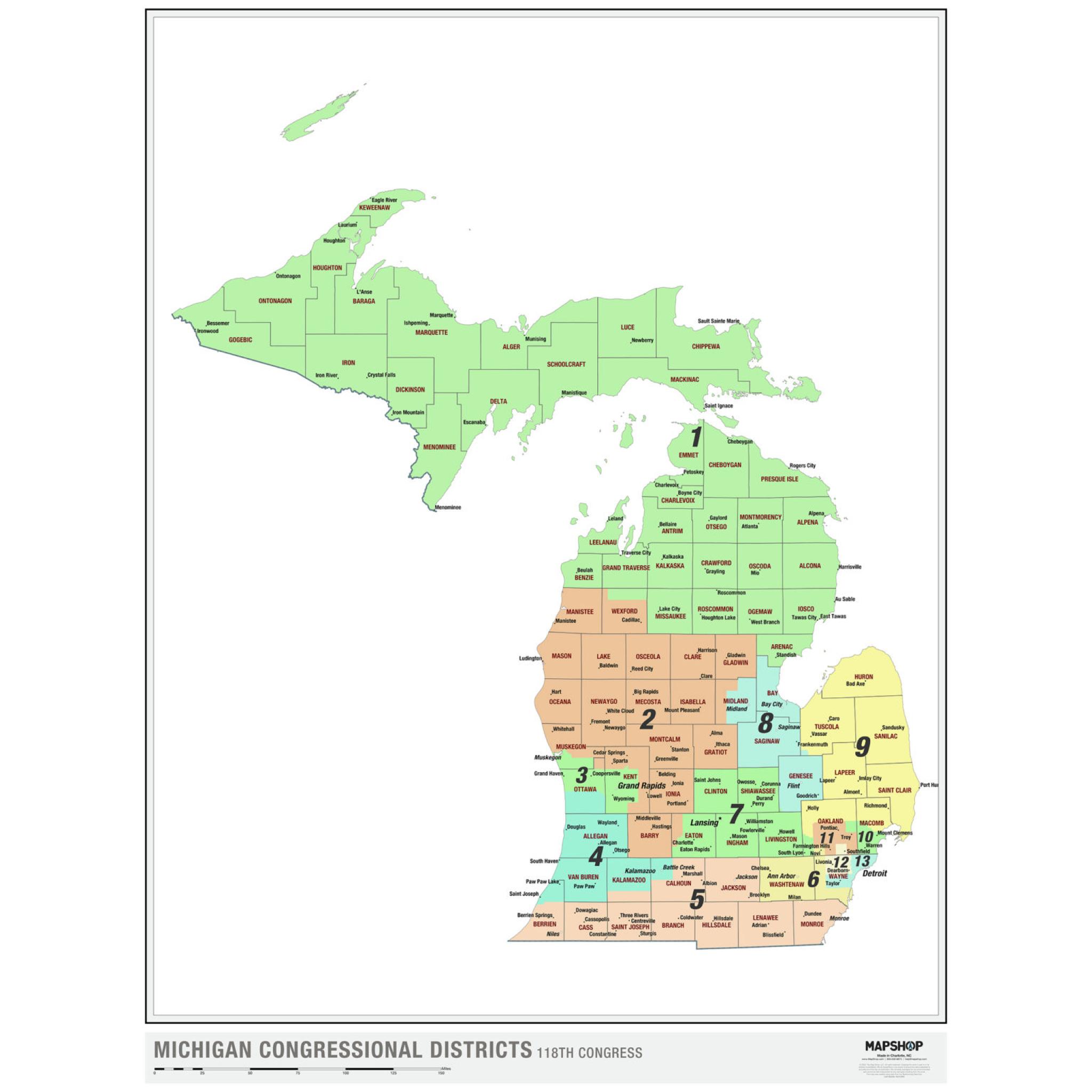 Michigan 2022 Congressional Districts Wall Map By MapShop - The Map Shop