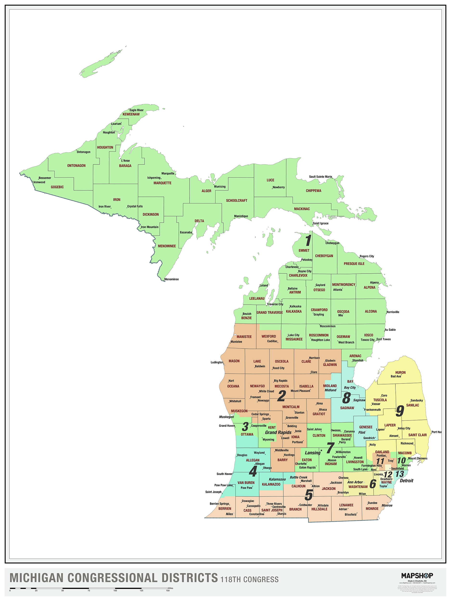 Michigan 2022 Congressional Districts Wall Map The Map Shop