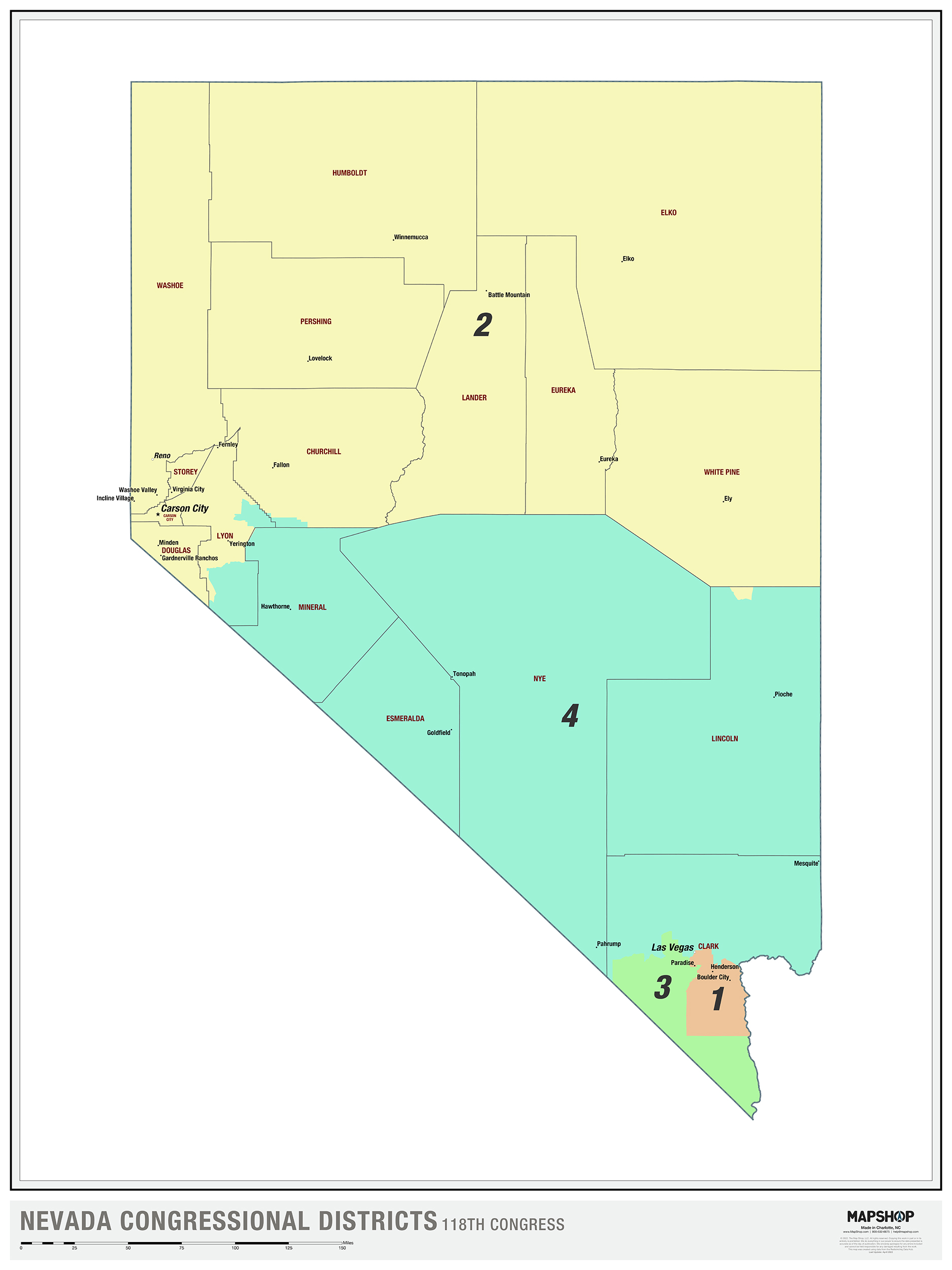 Nevada 2022 Congressional Districts Wall Map The Map Shop 7018