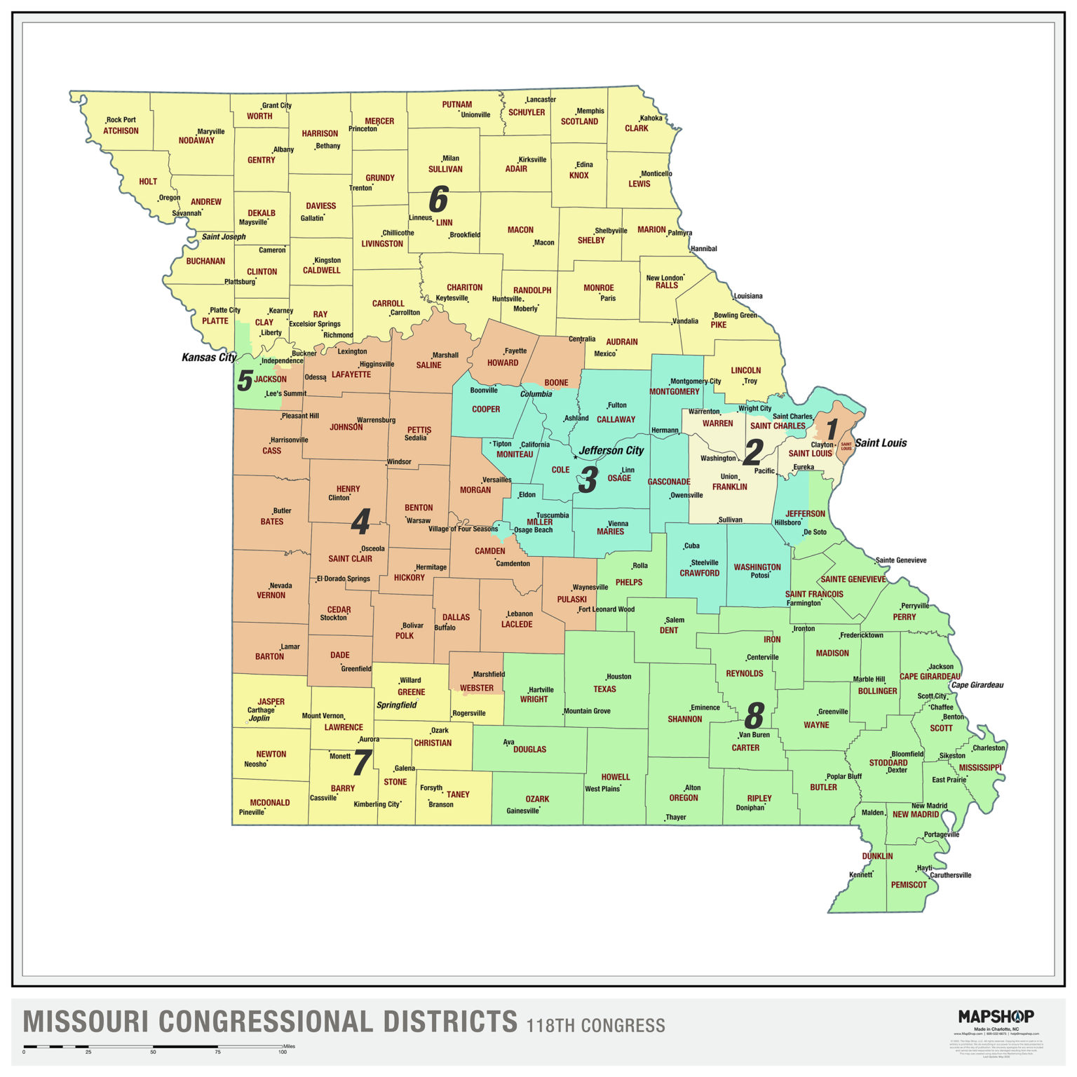 Missouri 2022 Congressional Districts Wall Map by The Map Shop