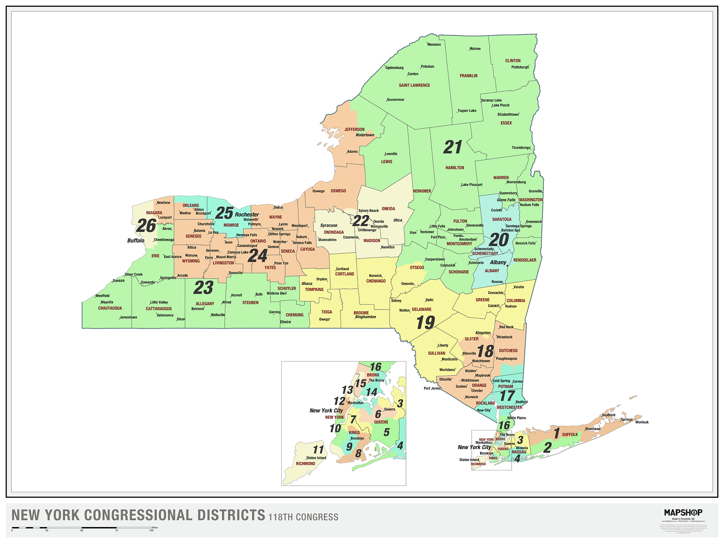 New York 2022 Congressional Districts Wall Map - The Map Shop