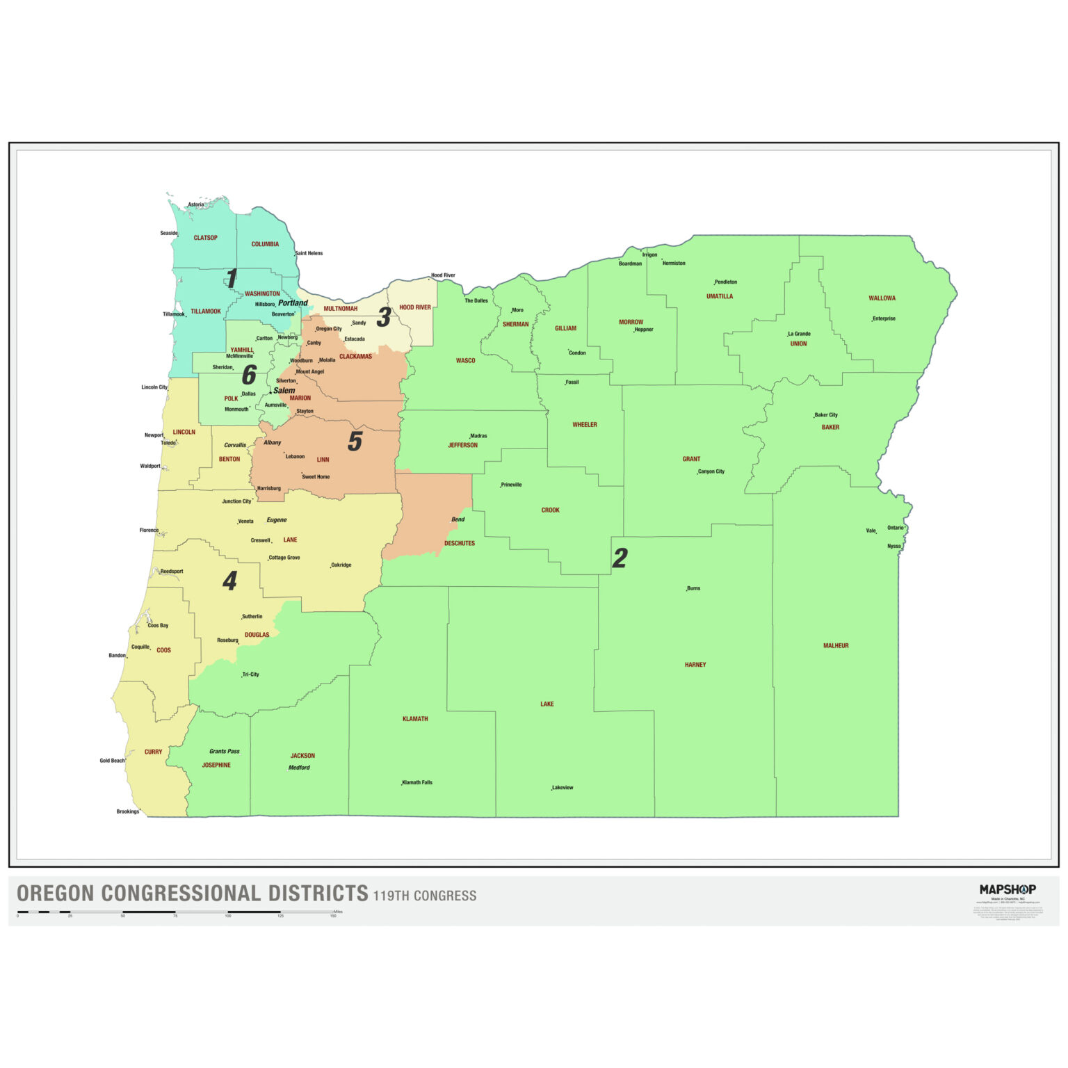 Oregon 2024 Congressional Districts Wall Map by MapShop - The Map Shop