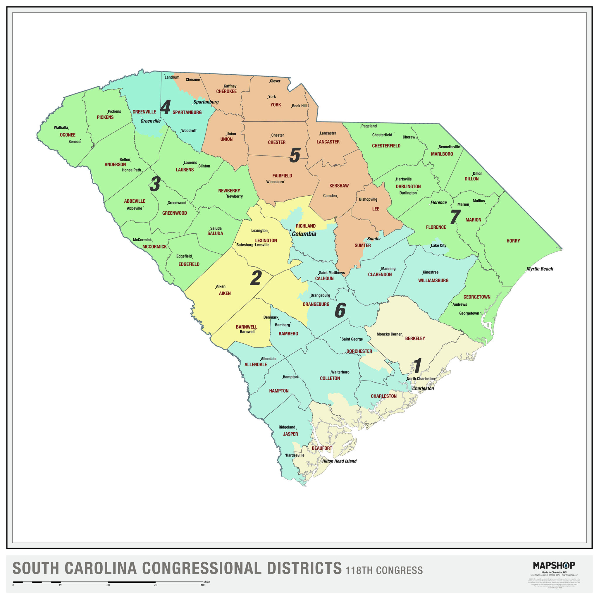 South Carolina 2022 Congressional Districts Wall Map - The Map Shop