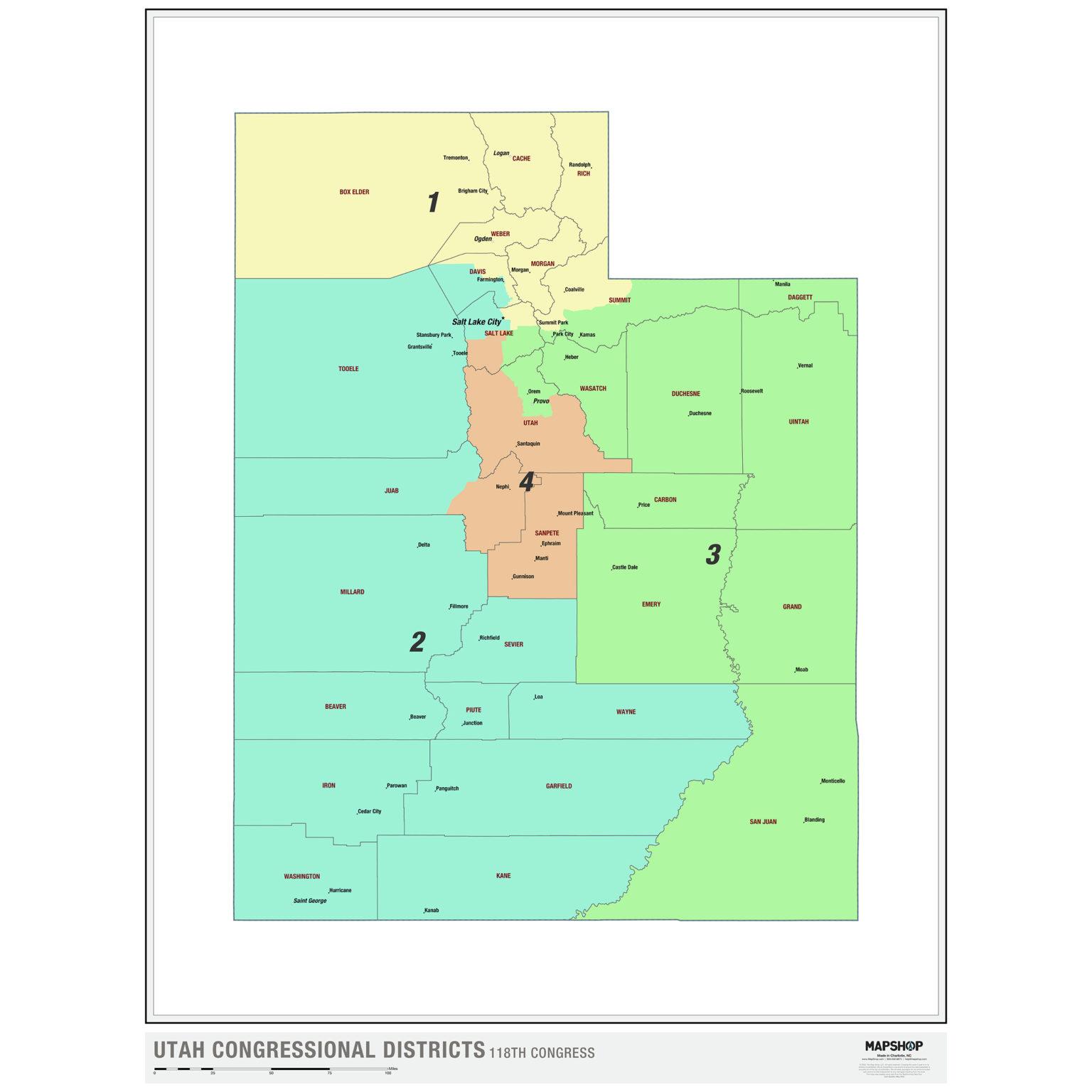 Utah 2022 Congressional Districts Wall Map by MapShop - The Map Shop