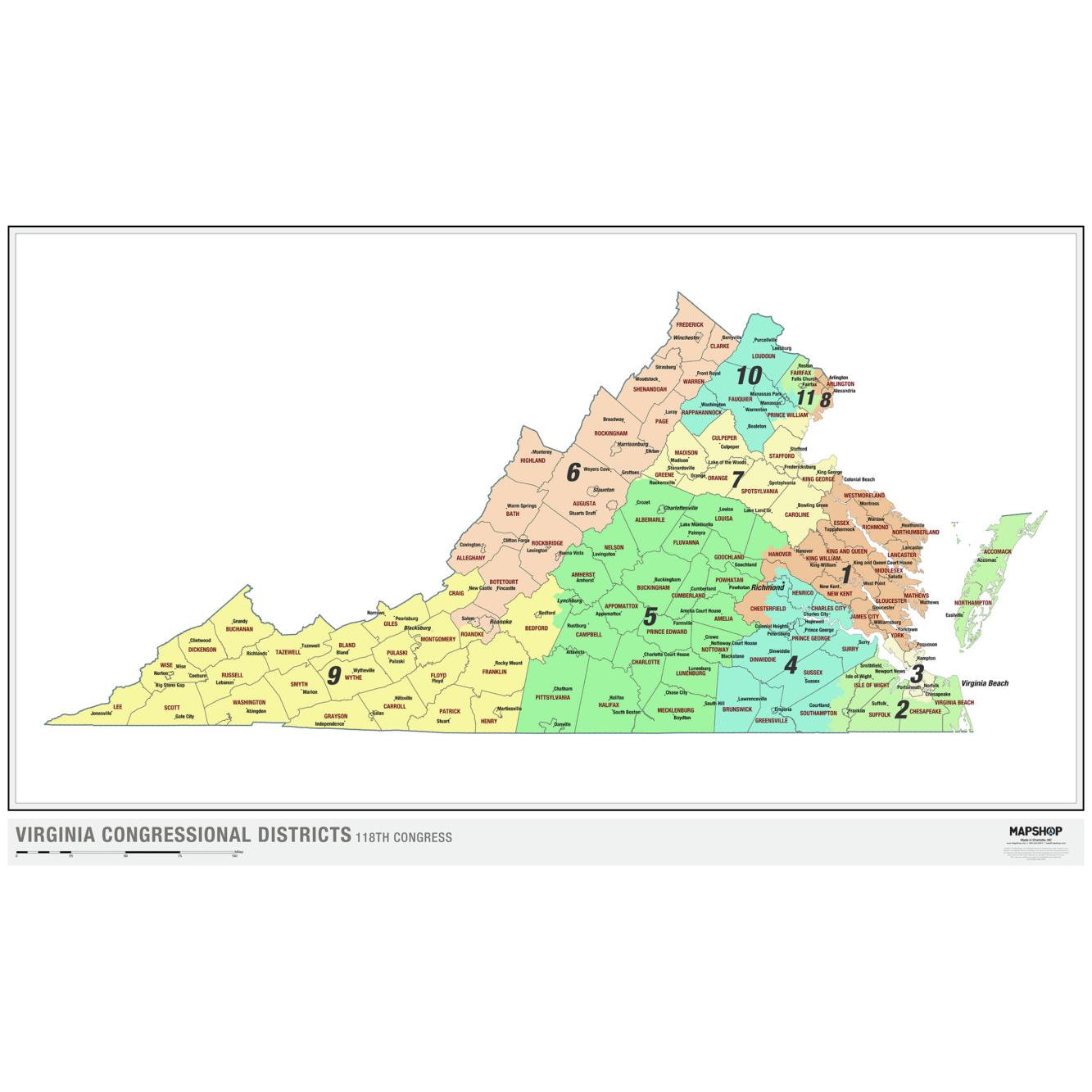 Virginia 2022 Congressional Districts Wall Map By Mapshop The Map Shop