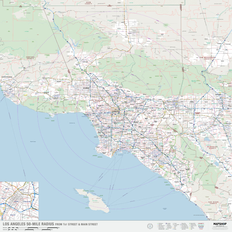 Los Angeles, CA 50Mile Radius Wall Map by The Map Shop