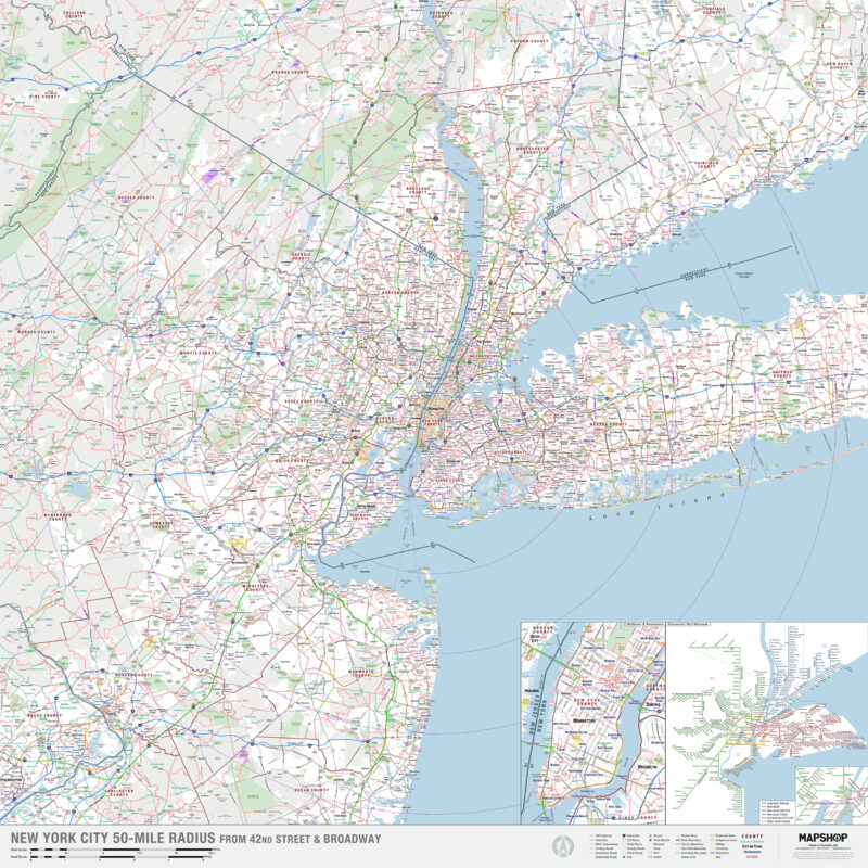 New York City, NY 50-Mile Radius Wall Map by MapShop - The Map Shop