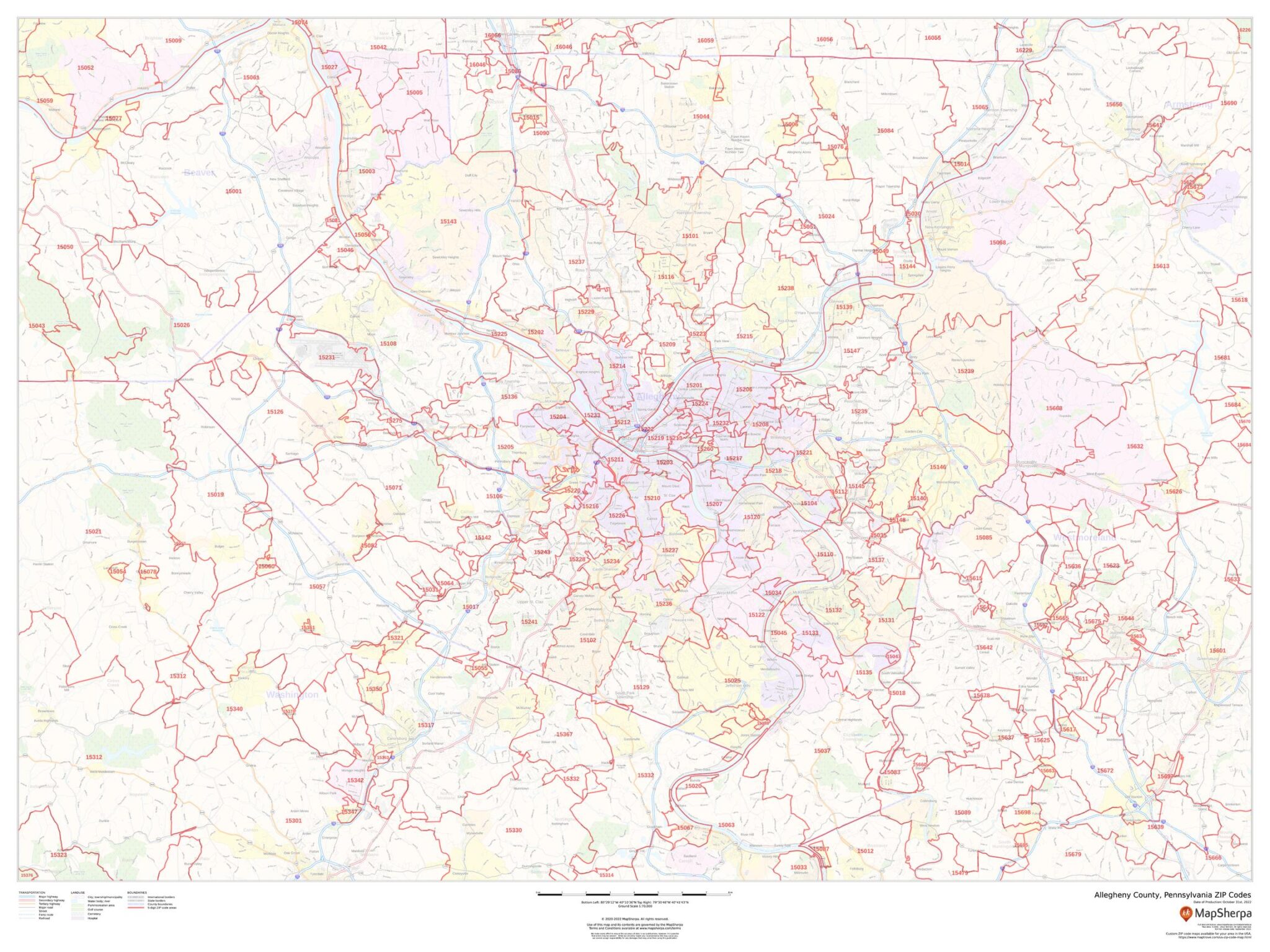 Allegheny County, Pennsylvania ZIP Codes by MapSherpa - The Map Shop