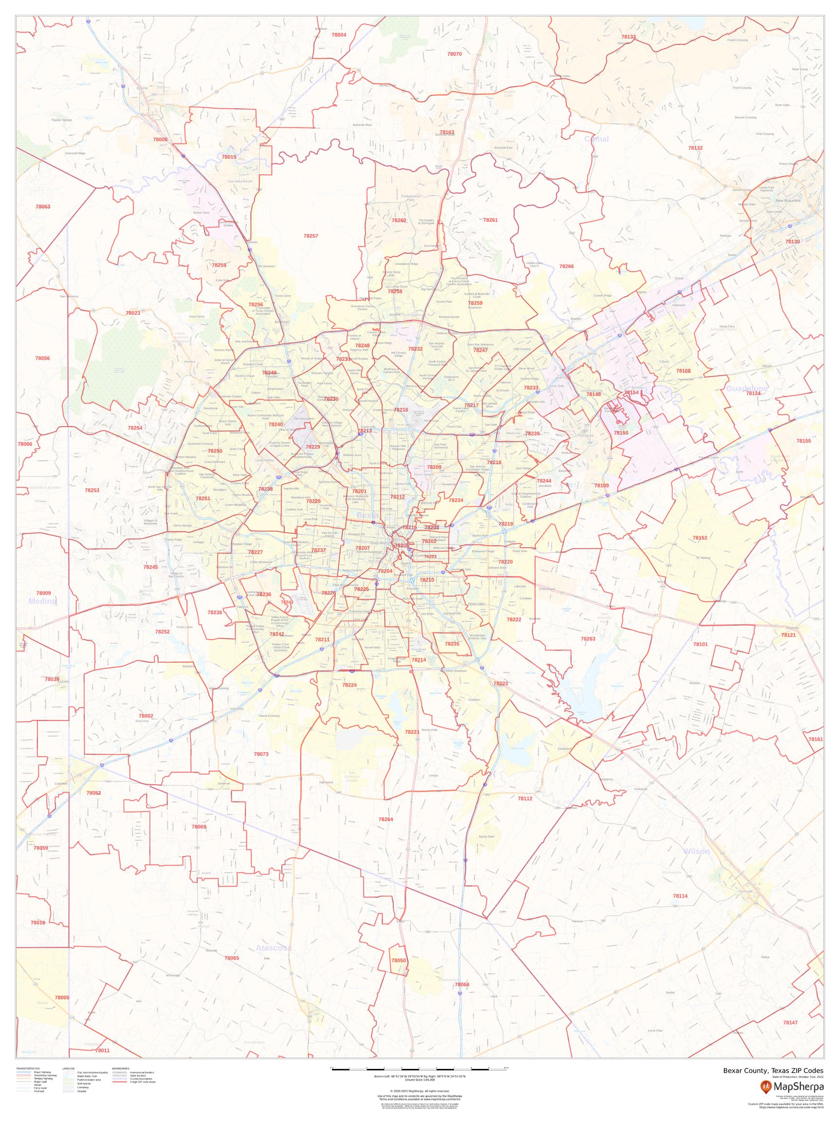 Bexar County Texas ZIP Codes By MapSherpa The Map Shop   County Zip Bexar TX Large 