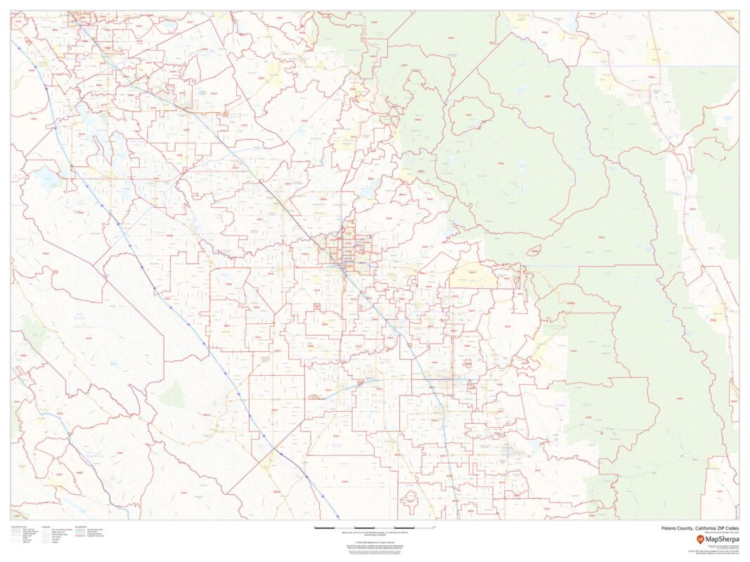 Fresno County California ZIP Codes By MapSherpa The Map Shop   County Zip Fresno CA Large 1067x800 