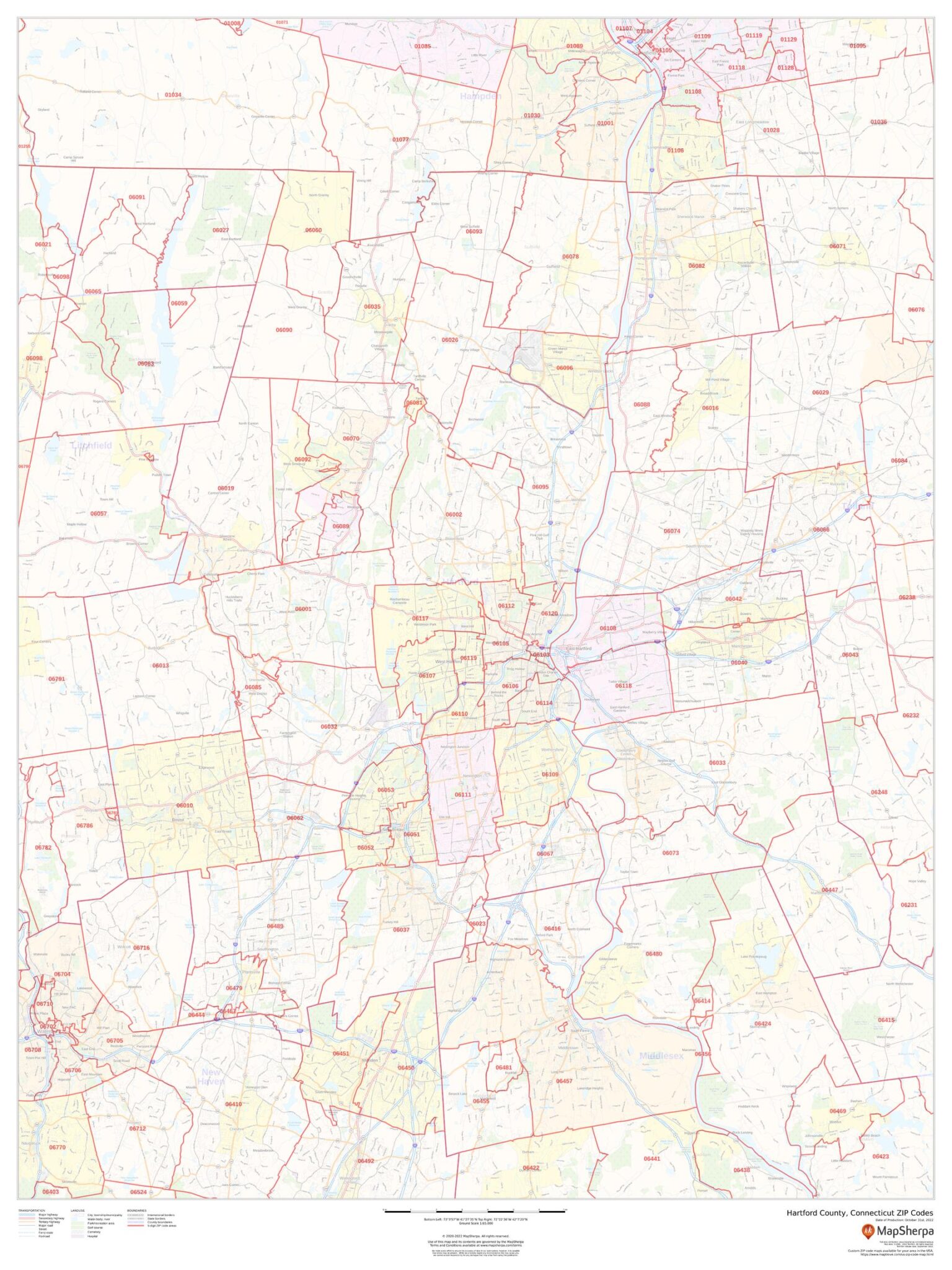 Hartford County, Connecticut ZIP Codes by MapSherpa - The Map Shop