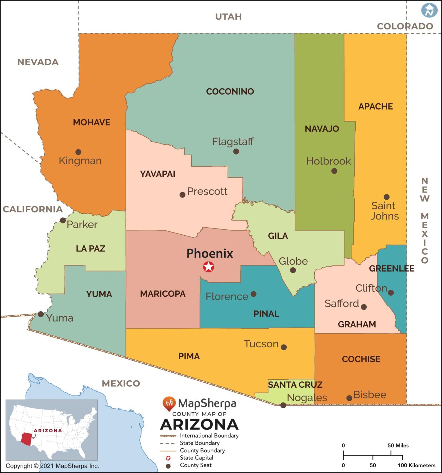 Arizona Counties Map by MapSherpa - The Map Shop