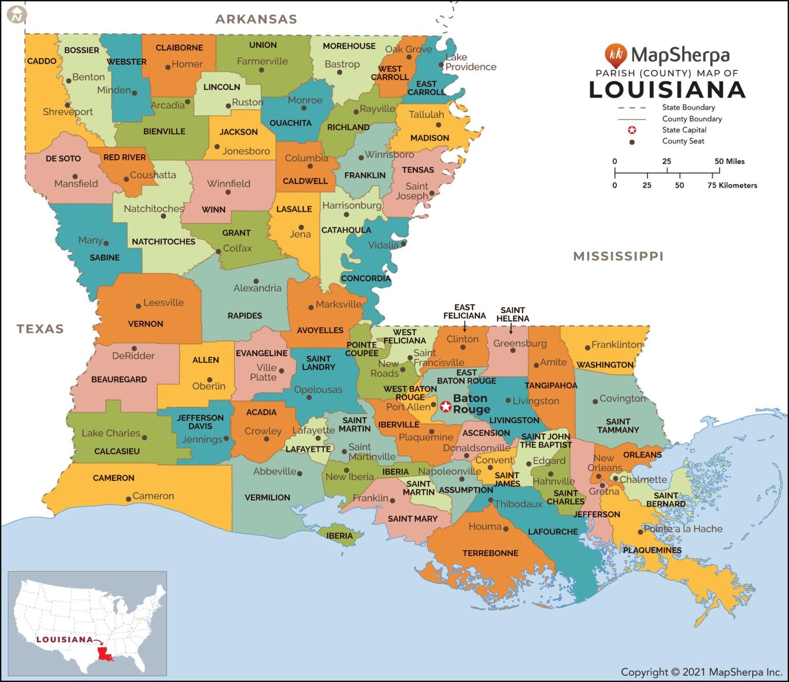 Louisiana Parishes (Counties) Map by MapSherpa The Map Shop