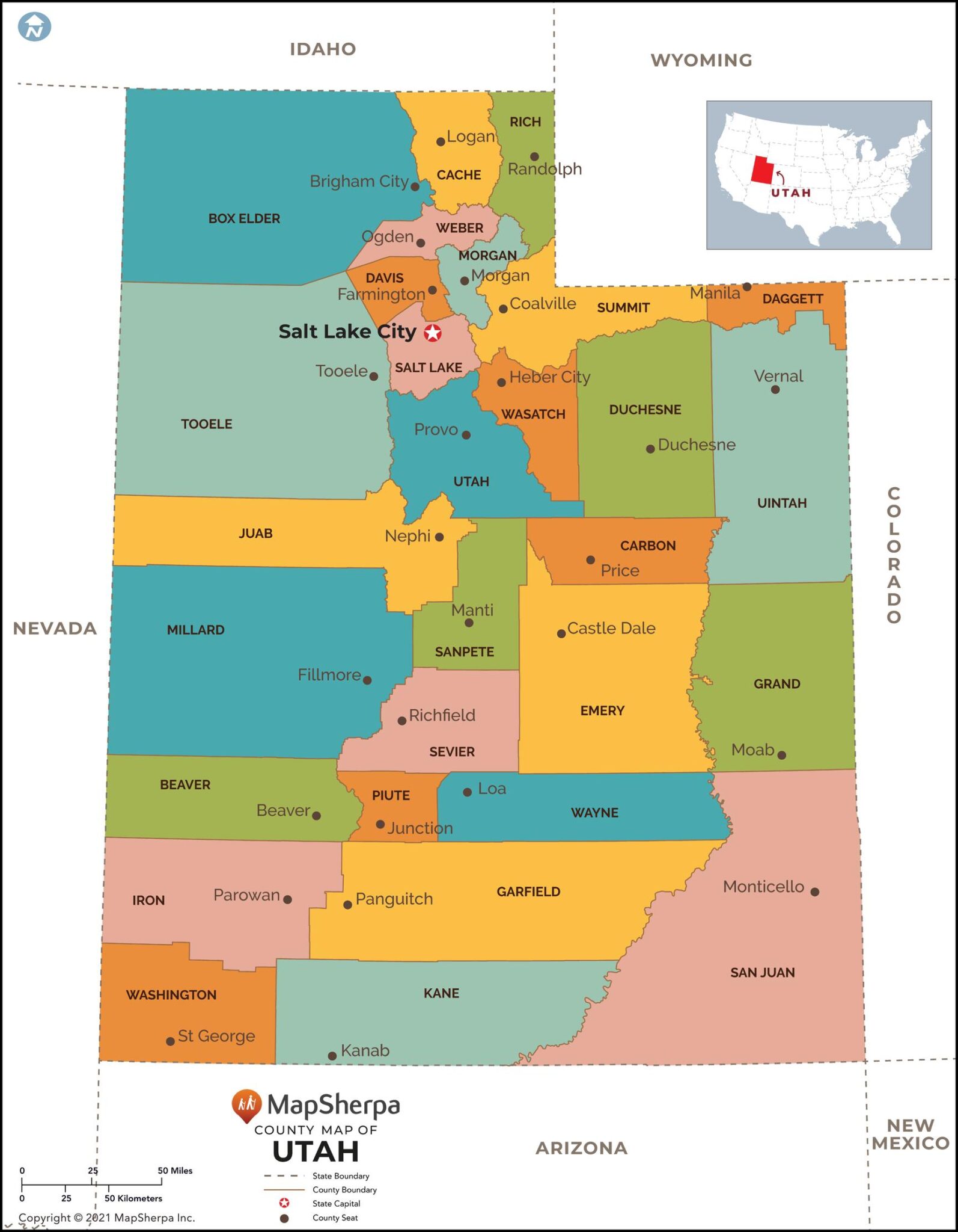 Utah Counties Map by MapSherpa - The Map Shop