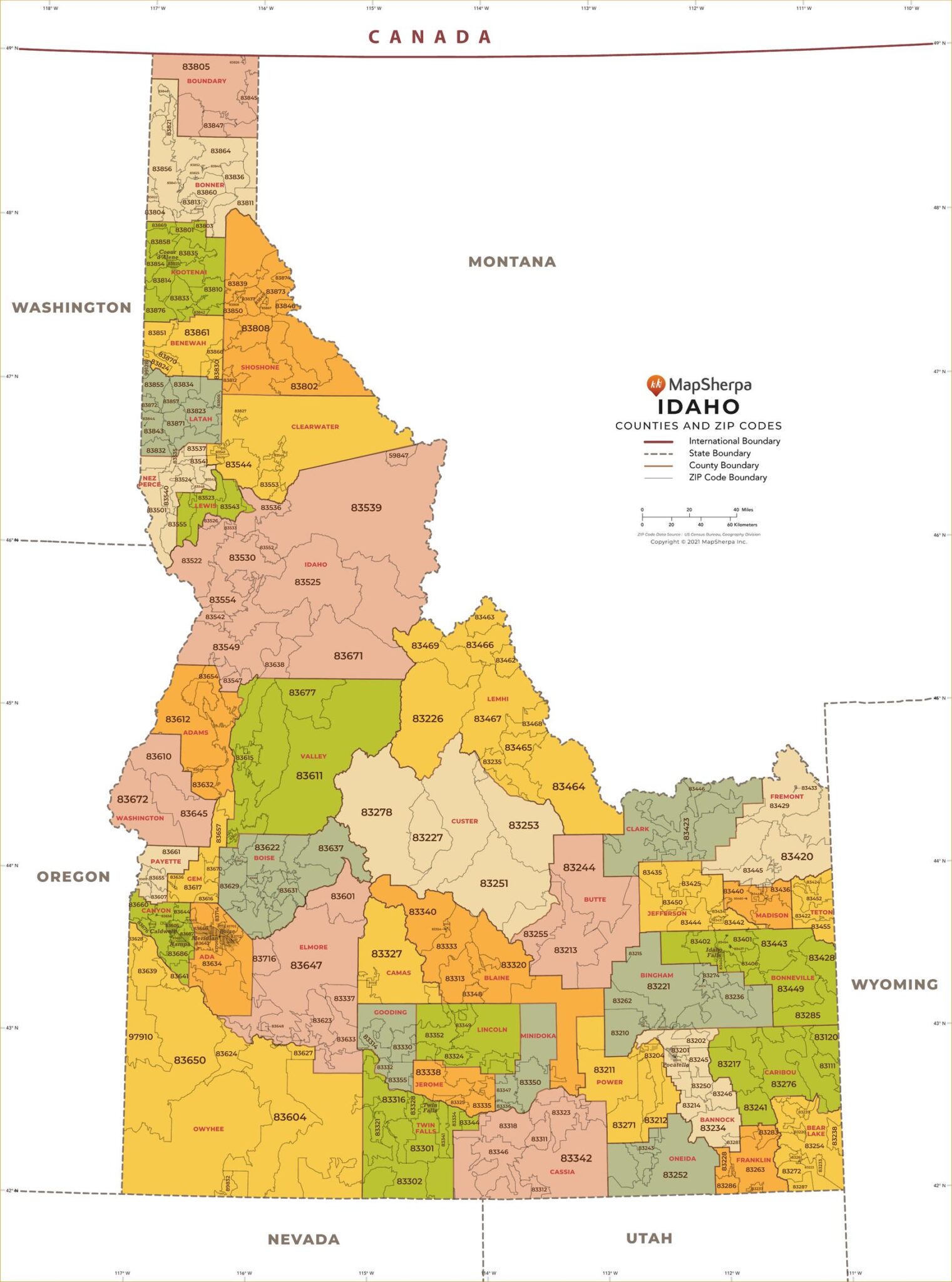 Idaho ZIP Code Map with Counties by MapSherpa - The Map Shop