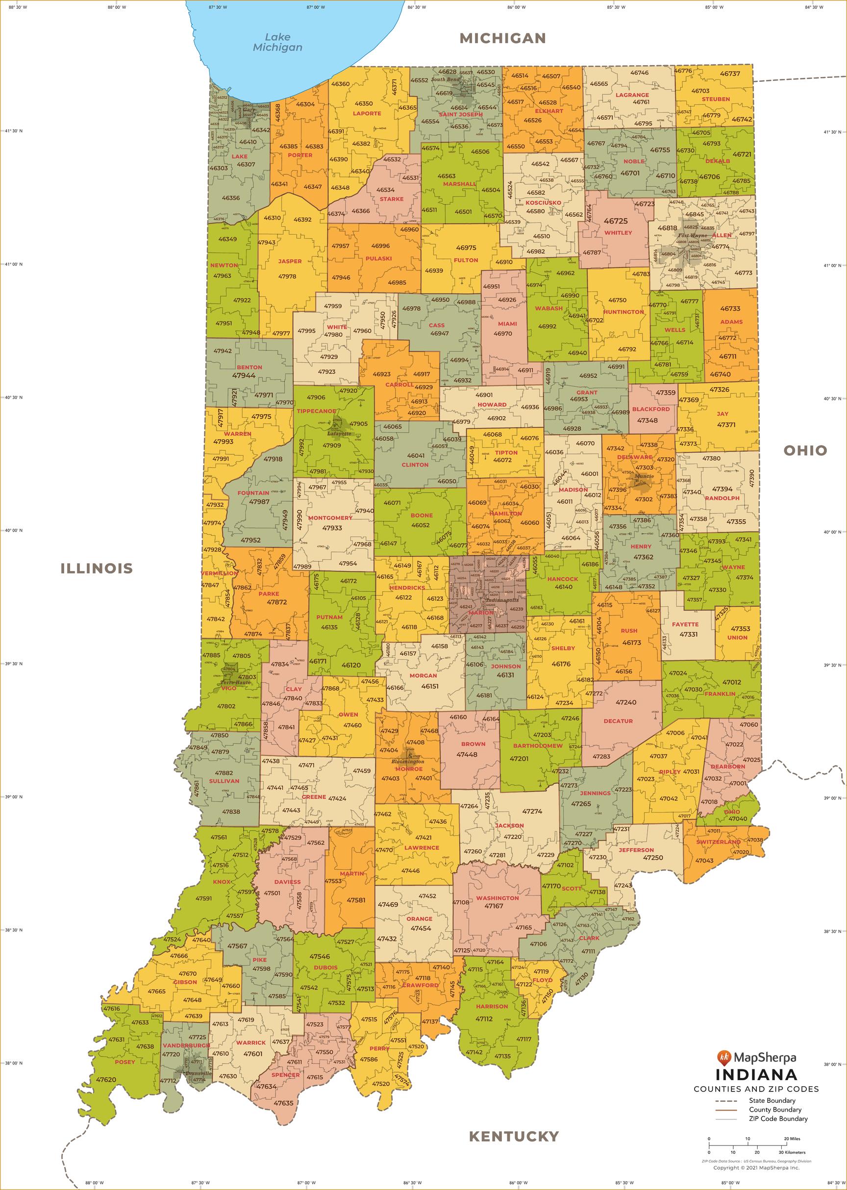 Indiana ZIP Code Map with Counties by MapSherpa - The Map Shop