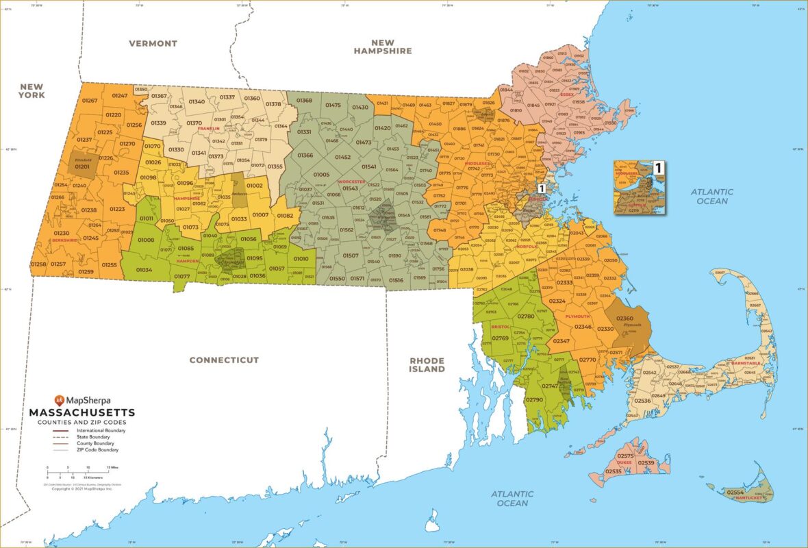 Massachusetts ZIP Code Map with Counties by MapSherpa - The Map Shop