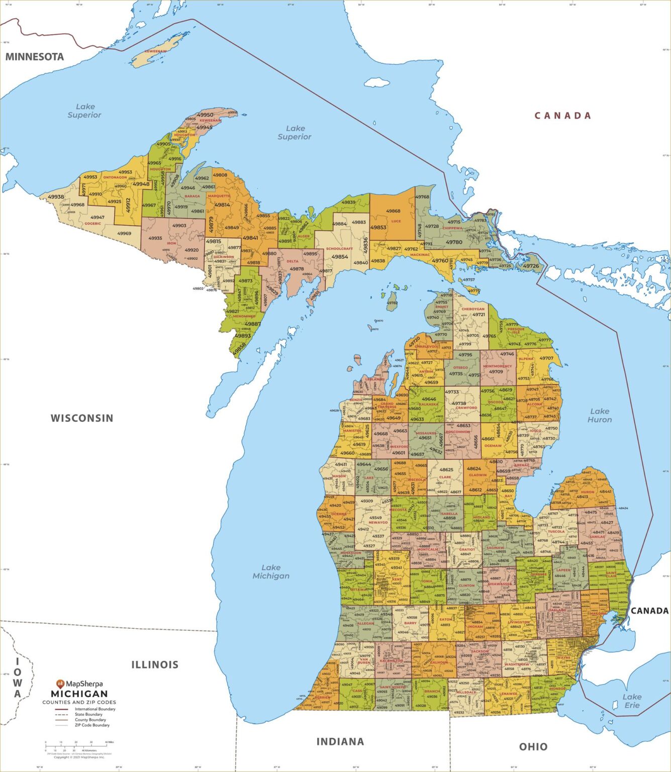 Michigan ZIP Code Map with Counties by MapSherpa - The Map Shop